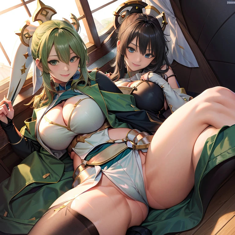 Kizi， highr， Concealed arm， Blue_and_Green hair， Detailed beautiful eyes， navy blue eyes， evilsmile， medium boob， Open navel，Bigchest， big breasts thin waist，medium thigh， Long legs，High Root，blacksilk，校服， Japan School Uniform，JK school uniform，Long black stockings， Detailed clothes， tmasterpiece