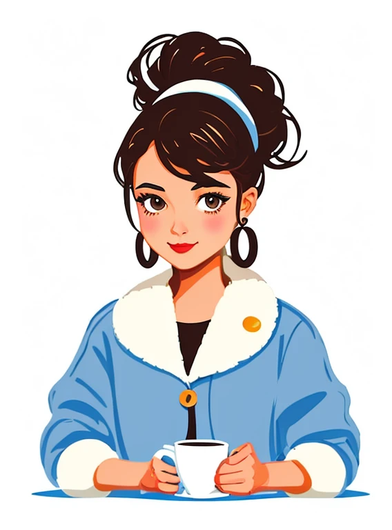 a woman wearing a jean coat holding a coffee cup, coffee themed girl, in style of digital illustration, cartoon style illustration, fabulous illustrations, realistic painting of cute girl, Lois Ross, vector art style, cartoon art style, full color illustration, cute woman, beautiful digital art, Pinup art, illustration style, cartoon digital painting, cute detailed digital art, illustration art