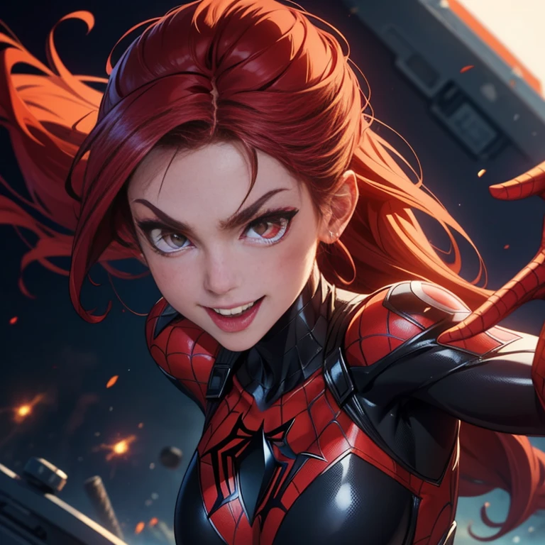 Spider man Fusion, Spider man clothes, mj long red hair, fusion, 1 girl, black and white symbiote latex bodysuit, beautiful, (main part: 1.2), (best quality: 1.2), ((fighting pose) ), ((battlefield)), cinematic, perfect eyes, perfect skin, perfect lighting, smile, light, color, rough skin, detail, beauty, wonder, ultra-detailed, perfect face, perfect body, big breast,