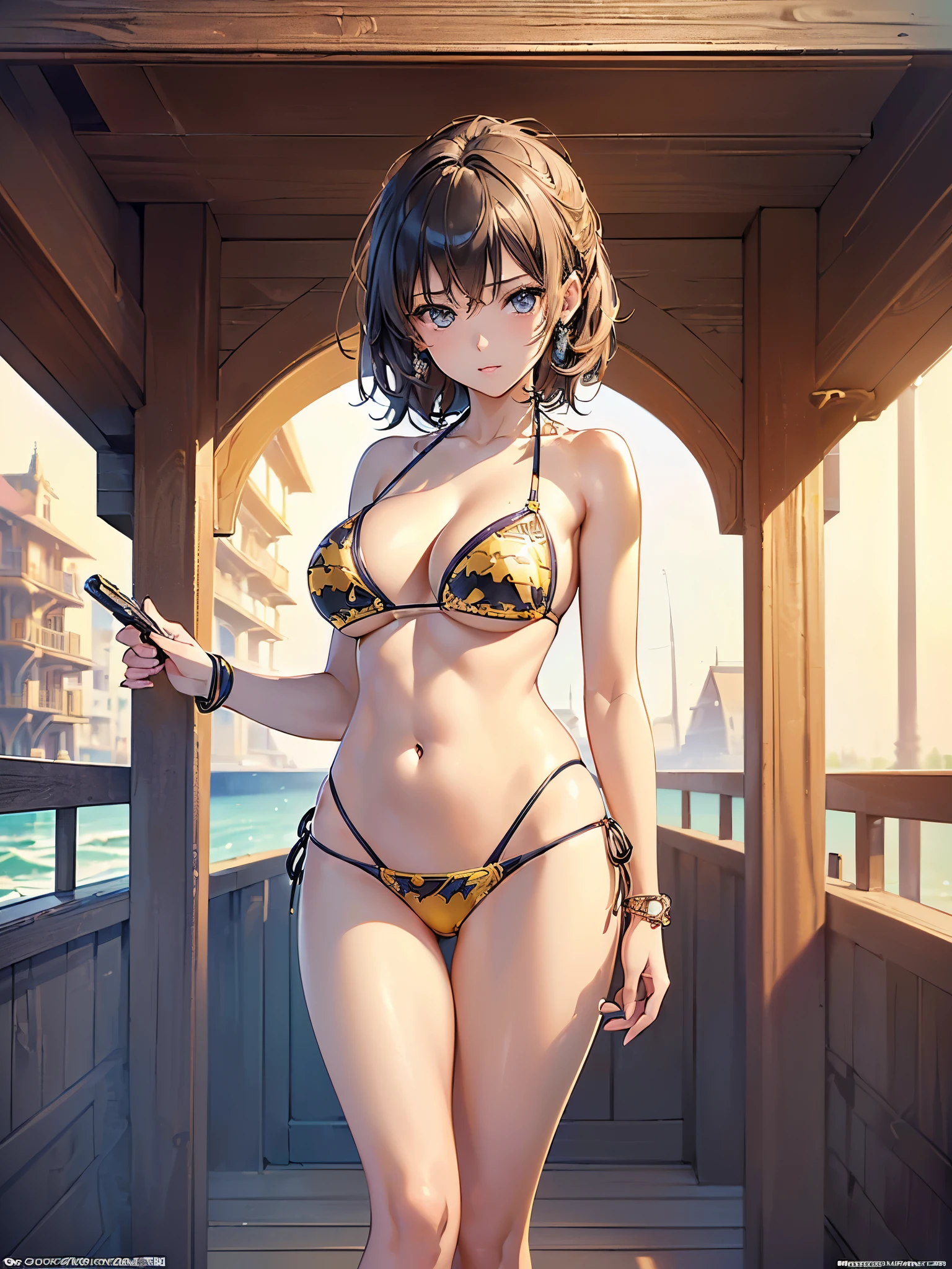 ((highest quality)),(ultra high resolution),(Super detailed),(detailed description),((best CG)),(best work of art),super precision art,great drawing art,(Fantasy art with precise details:1.5), (1 female gravure model:1.6),(A detailed bikini:1.5),glamorous body:1.5,toned belly:1.5, beach:1.5