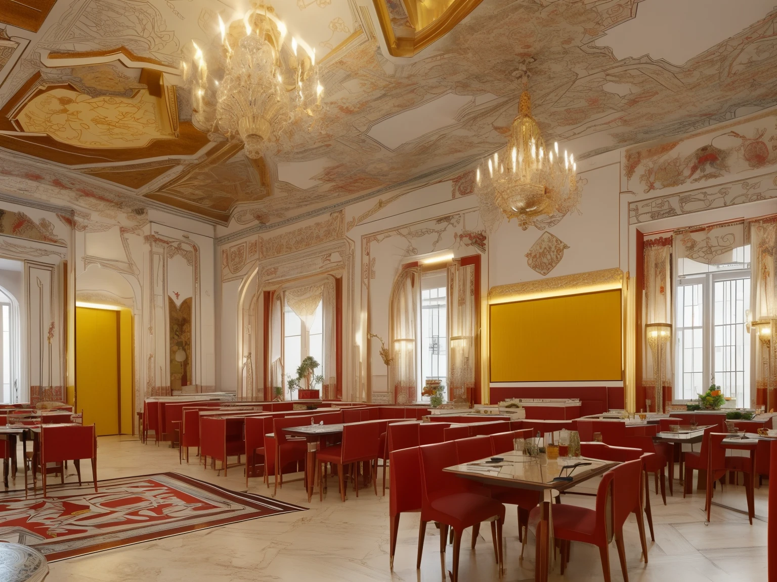 (red-themed, soviet, URSS, red decoration, interior with furniture, tables and chairs with yellow details) (best quality, ultra-detailed, realistic:1.37), vivid colors, portraits, studio lighting, warm color tone, soft lighting, communist restaurant, marble Lenin statues, magnificent tables and chairs, many wonderful details,