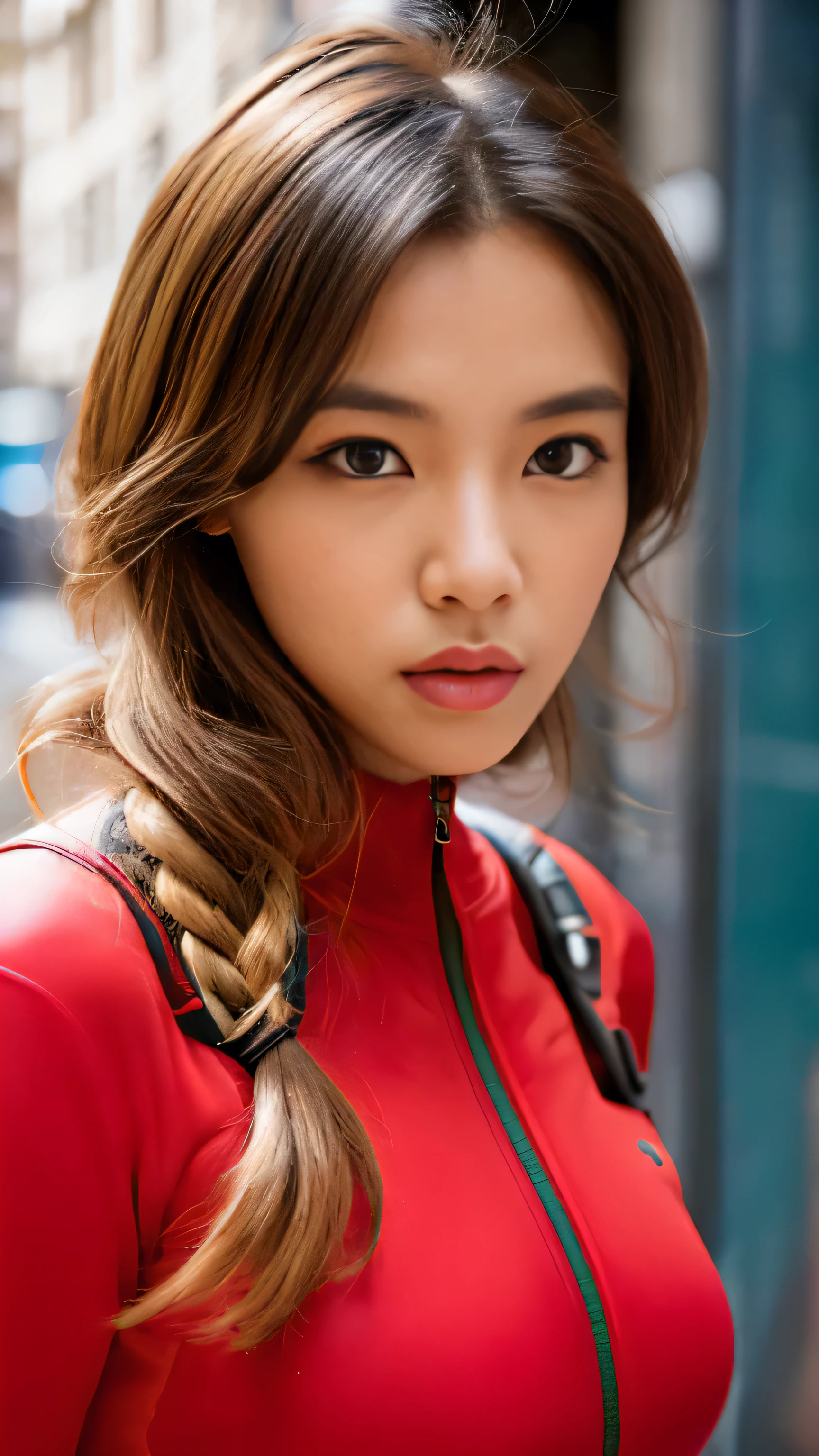 Detailed face and skin texture, Beautiful woman, Blonde Middle Hair, Red catsuthat,Wall StreetNYthat'in the background,
