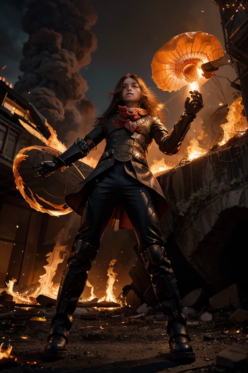 robot boy phoenix ultra realistic technology long hair jellyfish shape on fire , ruby eyes burning gloves carbon fiber boots setting burning volcano devastating environment in a fight with your enemy bow accumulating your power to attack
