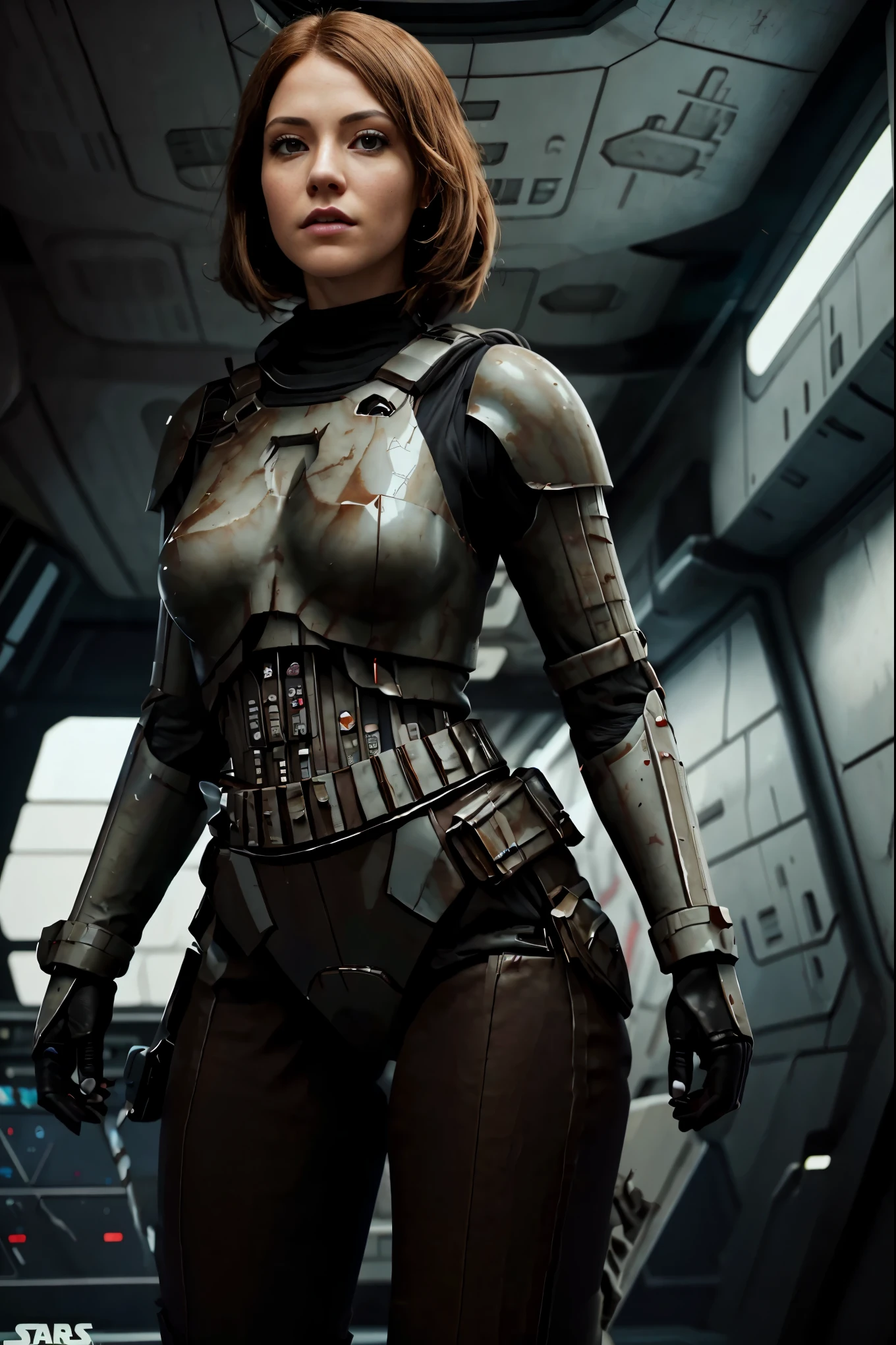 there a beautiful thick blonde woman in a sexy stormtrooper black armor from star wars, imagen cuerpo completo, piernas largas, cintura pequeña, face with freckles, cabello rubio dorado largo, ojos azules, labios gruesos, pose sexy, trasero redondo, futuristic starship crew member, solo female character, hyper realistic sci fi realistic, cinematic highly detailed, sci fi female character, 8 k high detail and intricate, sci-fi female, highly detailed vfx portrait of, sci-fi highly detailed