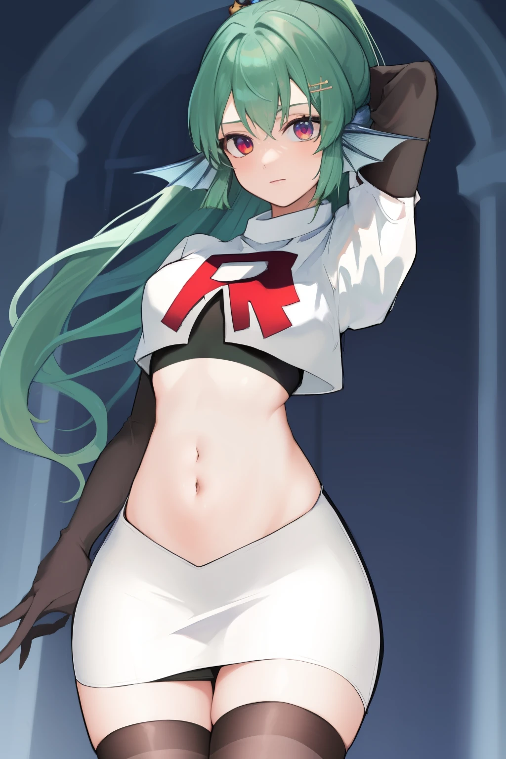 masterpiece, detailed, high quality, absurdres, finana, 1girl, solo, head fins, ponytail, green hair, navel, long hair, looking at viewer, cowboy shot, hair ornament, medium breasts, bangs, team rocket,team rocket uniform, red letter R, white skirt,white crop top,black thigh-highs, black elbow gloves,