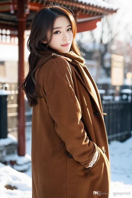 Asian, outside, expressive brown eyes, full body, cold, charming