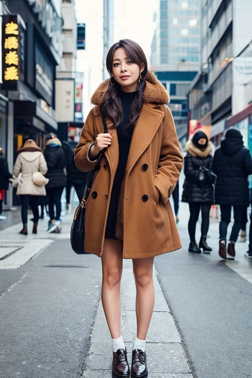 Asian, outside, expressive brown eyes, full body, cold, charming