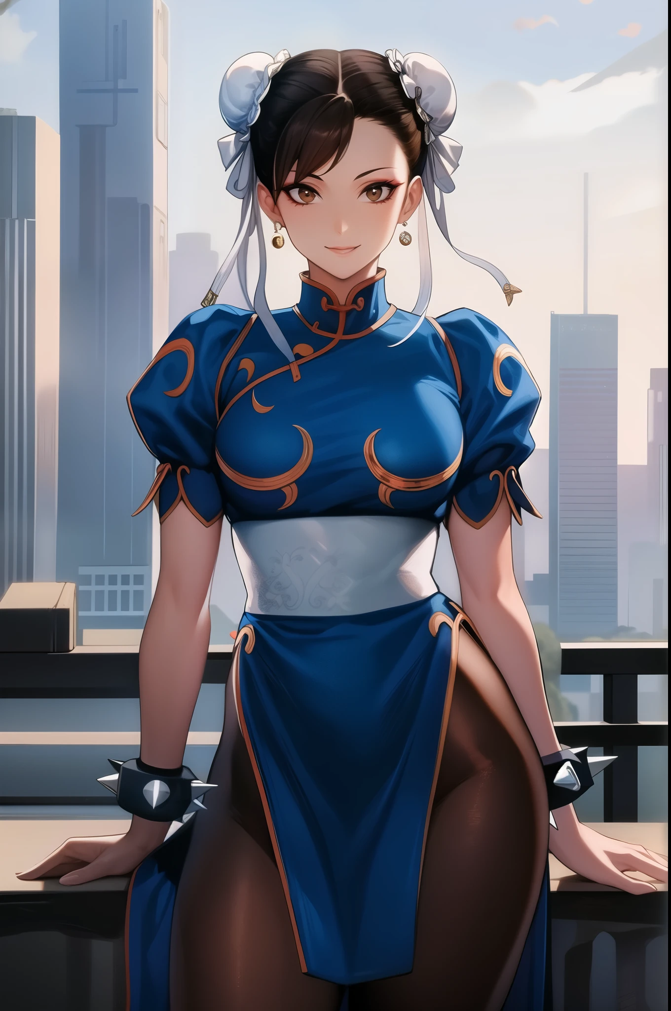 perfect eyes:1.2, detailed eyes:1.4, ChunLi, red eyeshadow:1.2, smile, big breasts, makeup:1.2, white belt, qipao, nature, tree, brown eyes, short hair, brown hair, double bun, bun cover, blue dr.ess, pelvic curtain, spiked bracelet, sash, brown pantyhose, cowboy shot, 1girl, solo, (masterpiece:1.6, best quality), 8k, insane details, intricate details, hyperdetailed, hyper quality, high detail, ultra detailed, professional, HDR, ray tracing reflection, cinematic lighting,