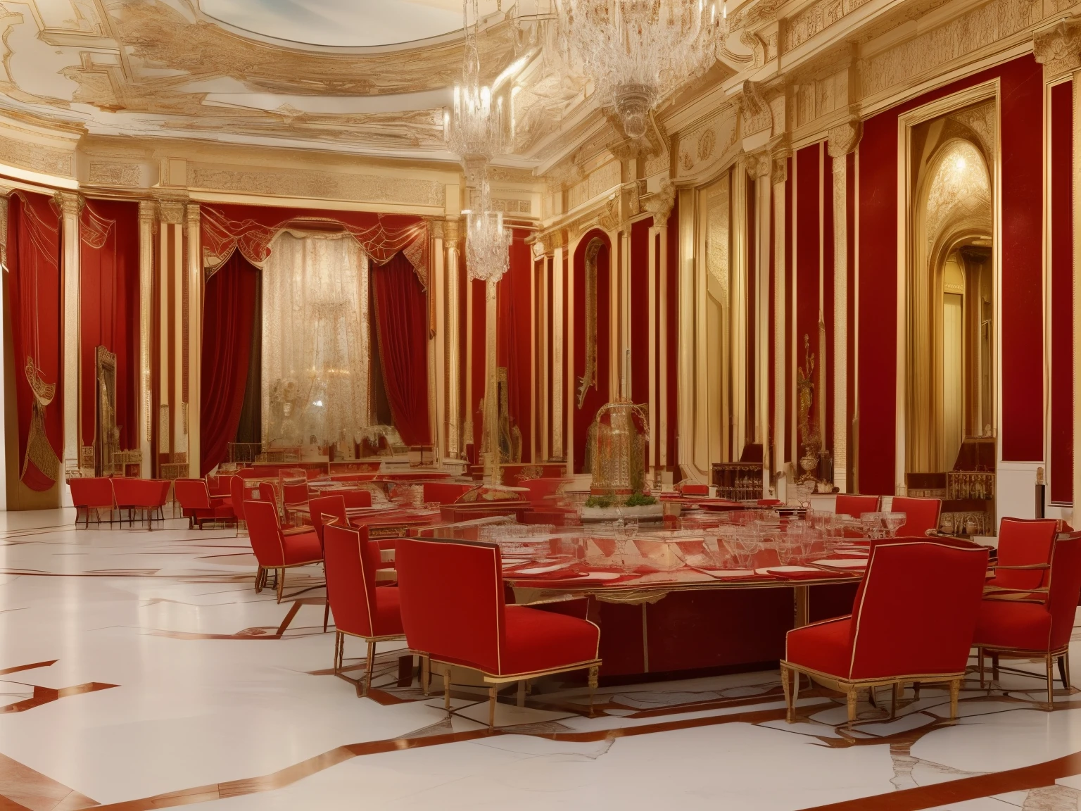 (red-themed, soviet, URSS, red decoration, interior with furniture, tables and chairs with yellow details) (best quality, ultra-detailed, realistic:1.37), vivid colors, portraits, studio lighting, warm color tone, soft lighting, communist restaurant, marble Lenin statues, magnificent tables and chairs, many wonderful details,