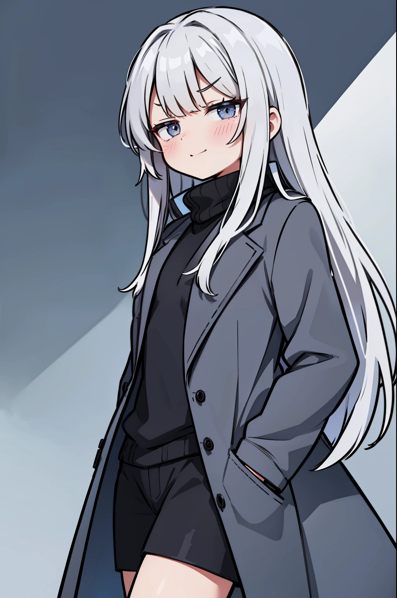 1girl, solo, a girl standing, small breasts, flat chest, from side, curvy, smug, large smile, proud, gray hair, very long hair, long bangs, gray eyes, (suit coat), elegant overcoat, very long coat, turtleneck sweater beneath, black sweater, black coat, black shorts, thighs, looking at viewer, standing, hands on pockets, upper body, simple background, transparent background, ultra detailed, masterpiece, best quality, 8k