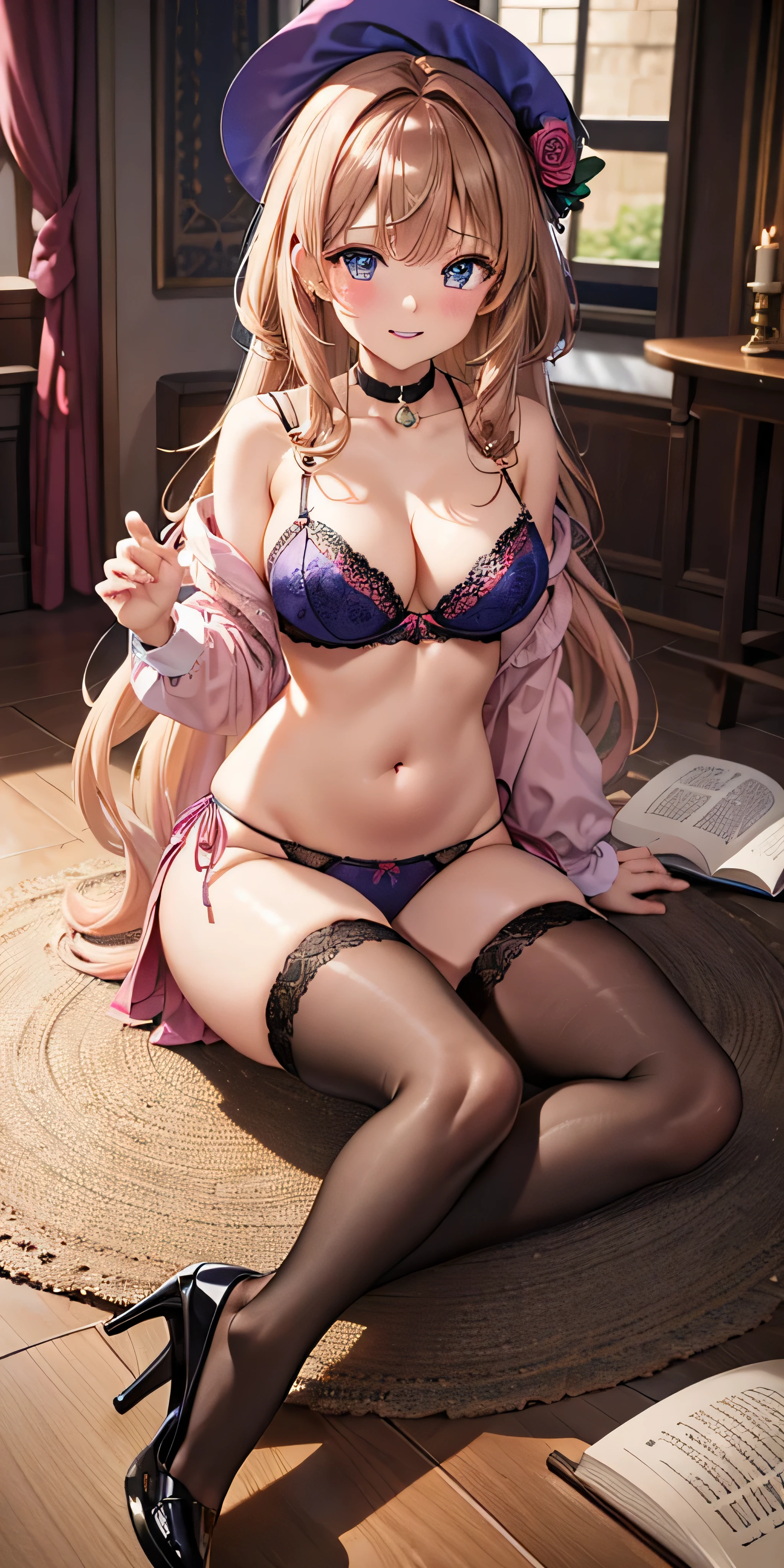 table top, highest quality, Highly detailed CG Unity 8K wallpaper, sexy witch , long dark blonde wavy hair、off shoulder knit, dark blue pleated skirt, medium milk, saggy breasts, cleavage, blush, shy smile, bare shoulders, (pink panties、、pink floral lace bra、show panties、open your legs)high heels、luxury magic wand and book、Castle Church、sexy pose、Sit on the floor、side boob、