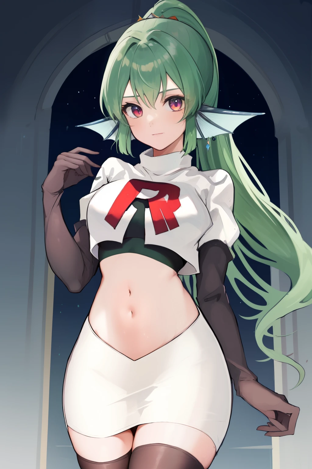 masterpiece, detailed, high quality, absurdres, finana, 1girl, solo, head fins, ponytail, green hair, navel, long hair, looking at viewer, cowboy shot, hair ornament, medium breasts, bangs, team rocket,team rocket uniform, red letter R, white skirt,white crop top,black thigh-highs, black elbow gloves,