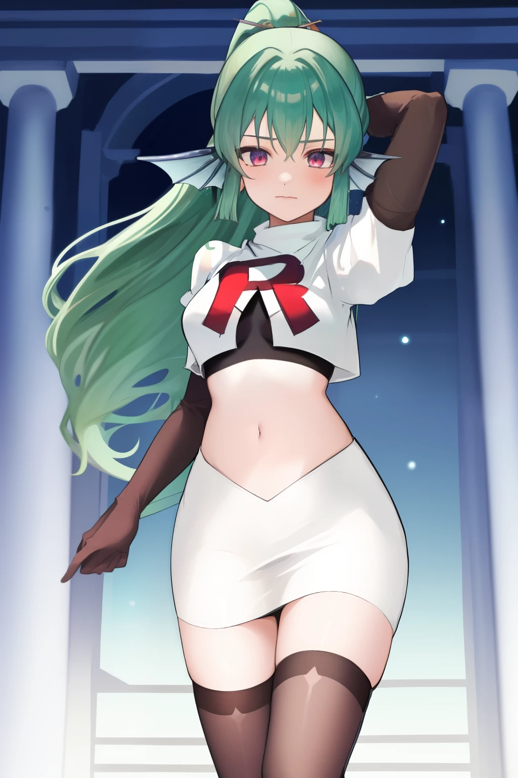 masterpiece, detailed, high quality, absurdres, finana, 1girl, solo, head fins, ponytail, green hair, navel, long hair, looking at viewer, cowboy shot, hair ornament, medium breasts, bangs, team rocket,team rocket uniform, red letter R, white skirt,white crop top,black thigh-highs, black elbow gloves,