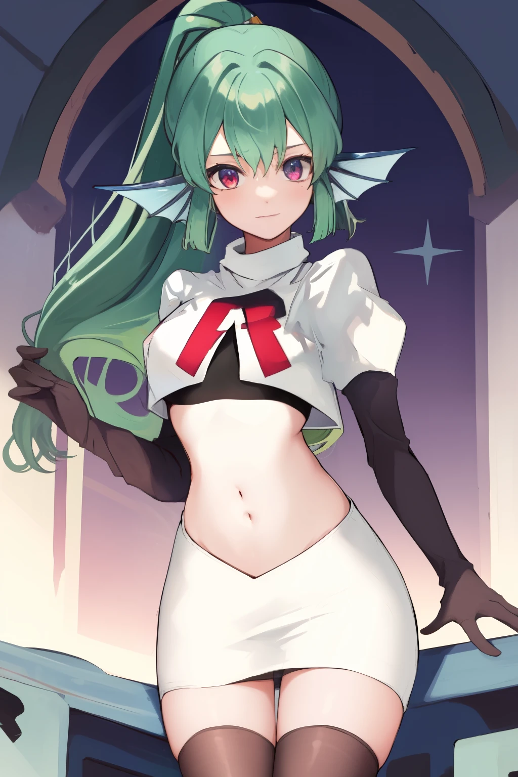 masterpiece, detailed, high quality, absurdres, finana, 1girl, solo, head fins, ponytail, green hair, navel, long hair, looking at viewer, cowboy shot, hair ornament, medium breasts, bangs, team rocket,team rocket uniform, red letter R, white skirt,white crop top,black thigh-highs, black elbow gloves,