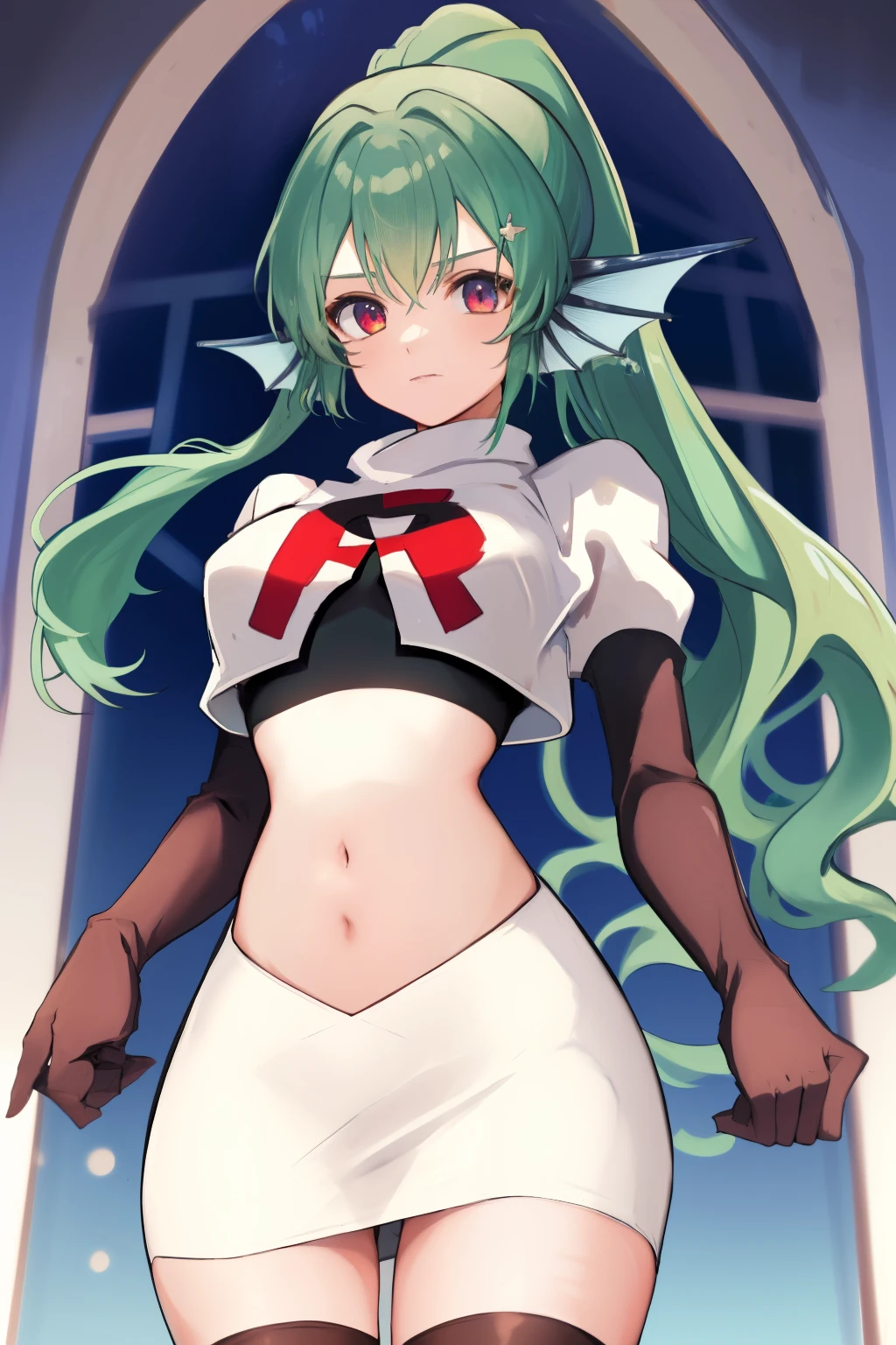 masterpiece, detailed, high quality, absurdres, finana, 1girl, solo, head fins, ponytail, green hair, navel, long hair, looking at viewer, cowboy shot, hair ornament, medium breasts, bangs, team rocket,team rocket uniform, red letter R, white skirt,white crop top,black thigh-highs, black elbow gloves,