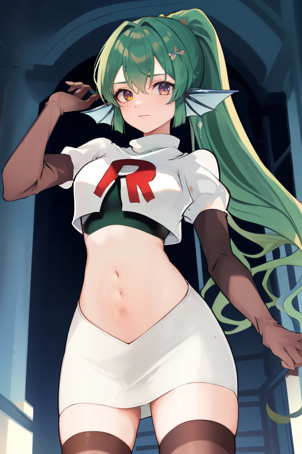 masterpiece, detailed, high quality, absurdres, finana, 1girl, solo, head fins, ponytail, green hair, navel, long hair, looking at viewer, cowboy shot, hair ornament, medium breasts, bangs, team rocket,team rocket uniform, red letter R, white skirt,white crop top,black thigh-highs, black elbow gloves,