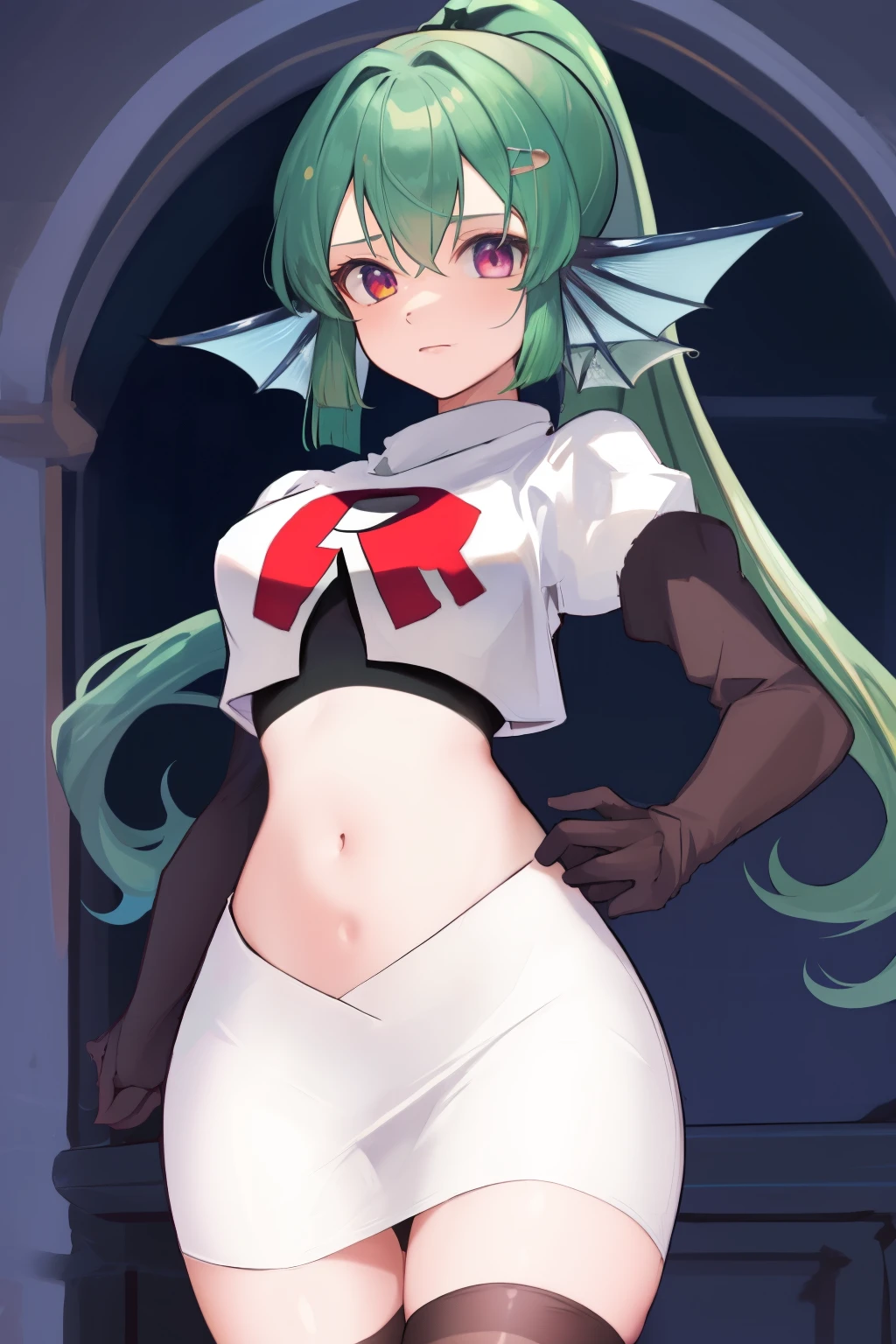 masterpiece, detailed, high quality, absurdres, finana, 1girl, solo, head fins, ponytail, green hair, navel, long hair, looking at viewer, cowboy shot, hair ornament, medium breasts, bangs, team rocket,team rocket uniform, red letter R, white skirt,white crop top,black thigh-highs, black elbow gloves,