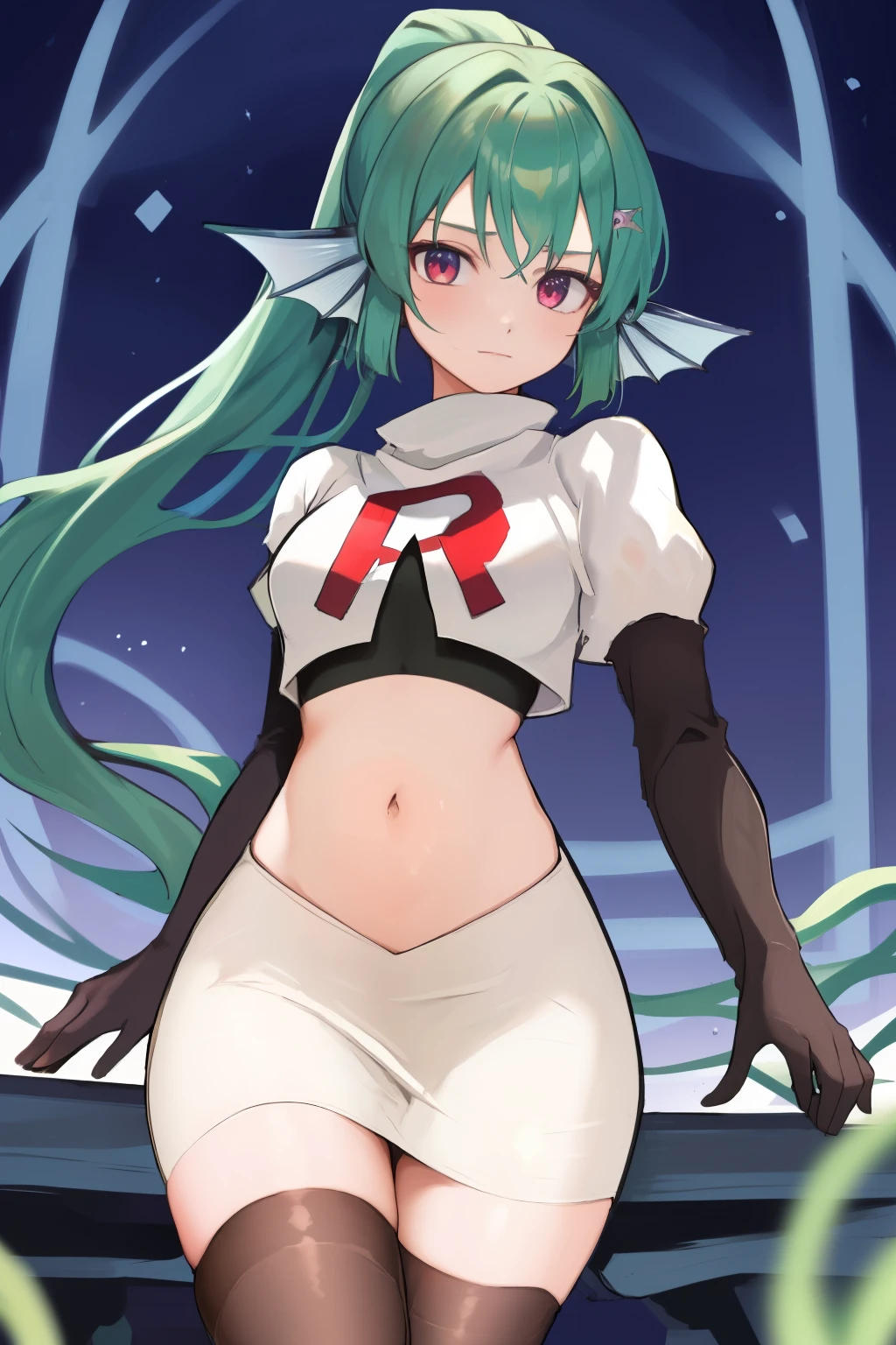 masterpiece, detailed, high quality, absurdres, finana, 1girl, solo, head fins, ponytail, green hair, navel, long hair, looking at viewer, cowboy shot, hair ornament, medium breasts, bangs, team rocket,team rocket uniform, red letter R, white skirt,white crop top,black thigh-highs, black elbow gloves,