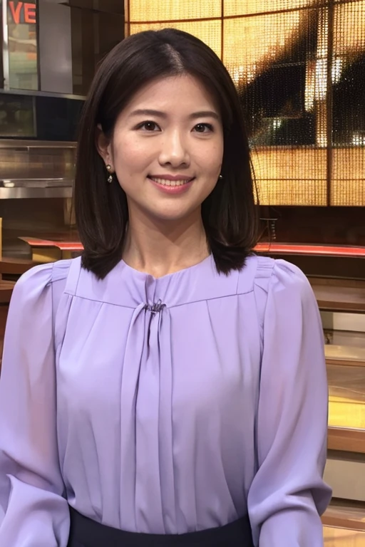 news anchor, elegant transparent blouse, see through, broadcast studio, smile, talking, mole under the lips, (photorealistic:1.3), (rawphoto:1.2)