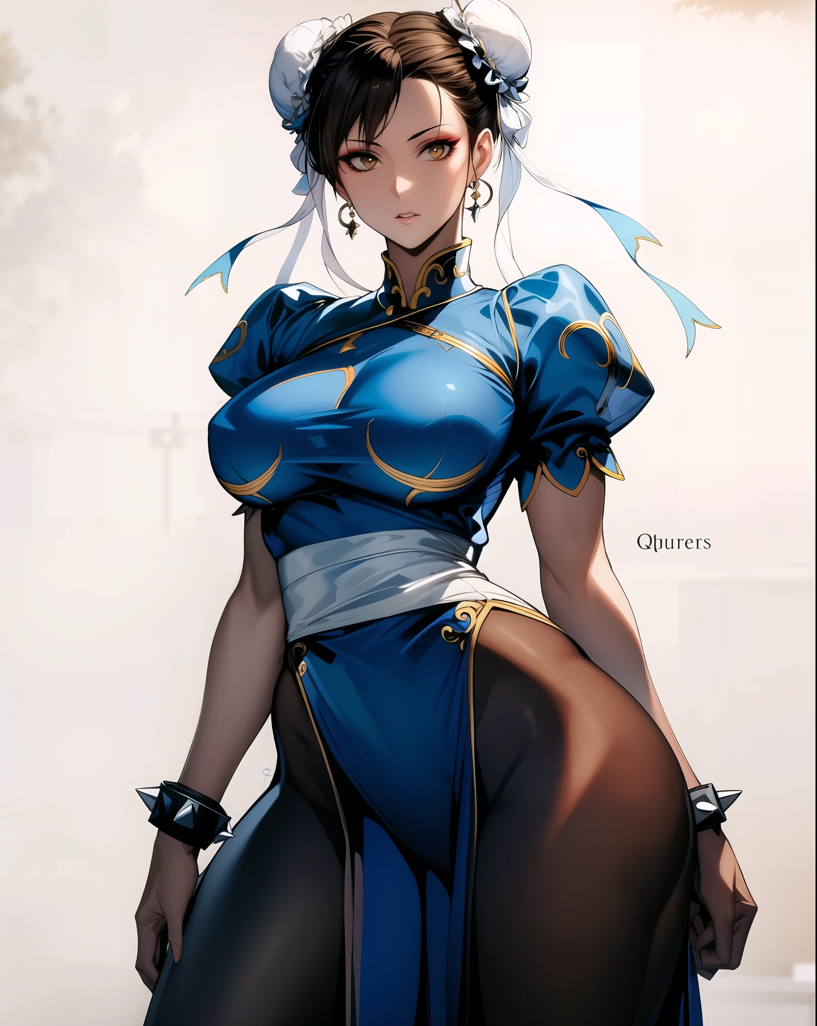 perfect eyes:1.2, detailed eyes:1.4, ChunLi, red eyeshadow:1.2, makeup:1.2, white belt, qipao, nature, tree, brown eyes, short hair, brown hair, double bun, bun cover, blue dr.ess, pelvic curtain, spiked bracelet, sash, brown pantyhose, cowboy shot, 1girl, solo, (masterpiece:1.6, best quality), 8k, insane details, intricate details, hyperdetailed, hyper quality, high detail, ultra detailed, professional, HDR, ray tracing reflection, cinematic lighting,