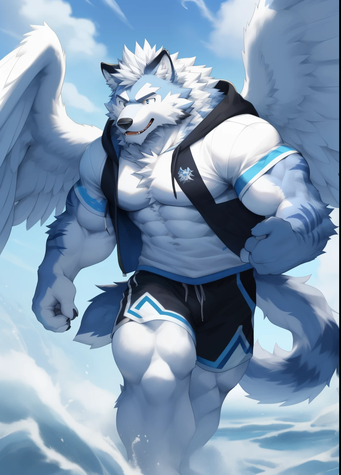 hairy,((Wolf,white hoodie)),white fur,male,Common,full body picture((极其lifelike阴影,masterpiece,Very detailed,lifelike)), ((Cat)),dynamic poseield,side,angel wings