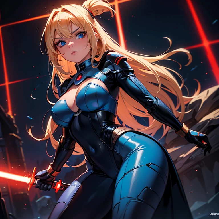 Blonde hot with blue eyes in a star wars costume holding a light saber, inspired by Marek Okon, fantasy art, detailed glowing red implants, rendered in sfm, pinup. lord of daggers, red and black costume!!!, red and blue back light, high detail iconic character, darth jar jar binks, rendered in 32k huhd, the blade dancer