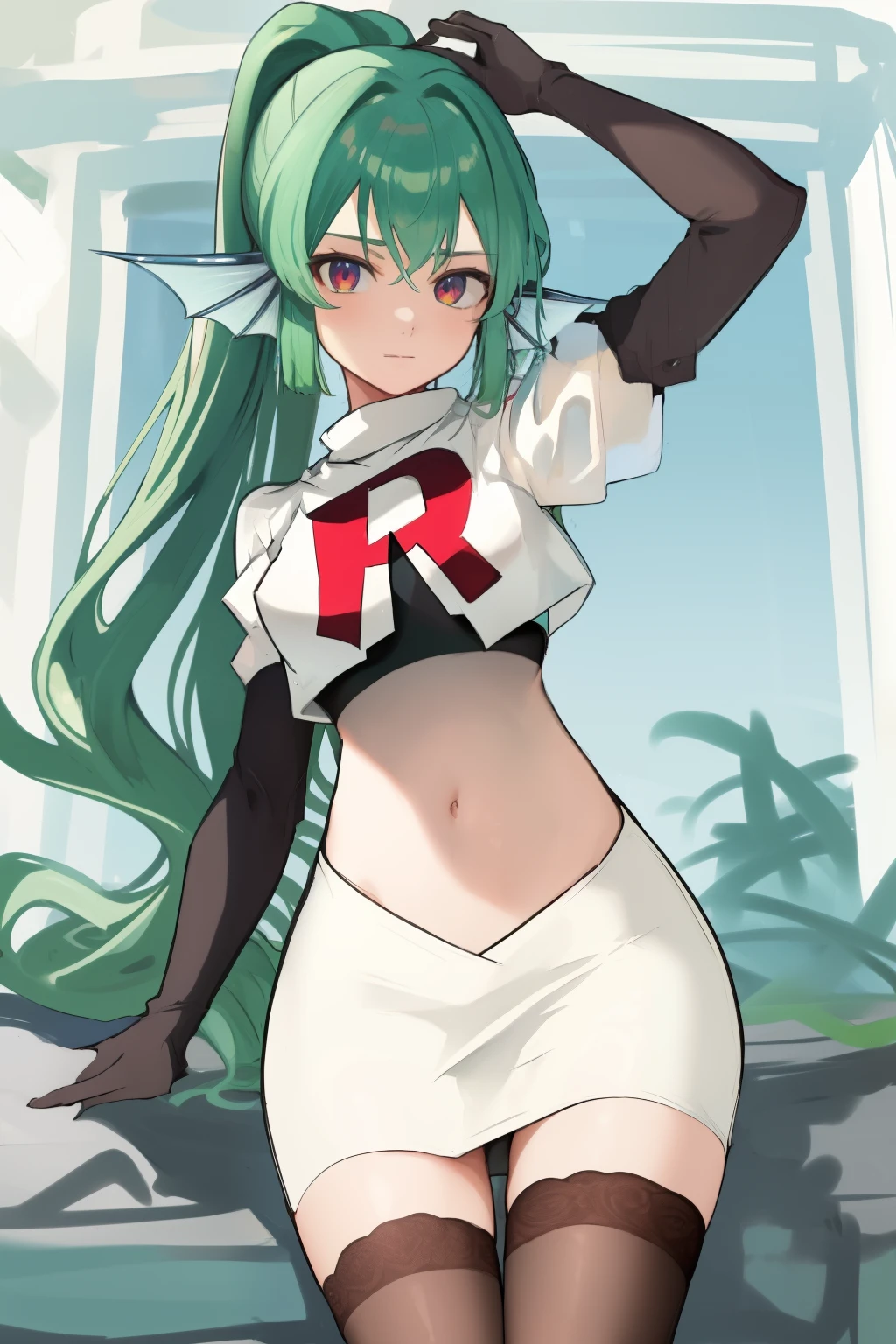 masterpiece, detailed, high quality, absurdres, finana, 1girl, solo, head fins, ponytail, green hair, navel, long hair, looking at viewer, cowboy shot, hair ornament, medium breasts, bangs, team rocket,team rocket uniform, red letter R, white skirt,white crop top,black thigh-highs, black elbow gloves,