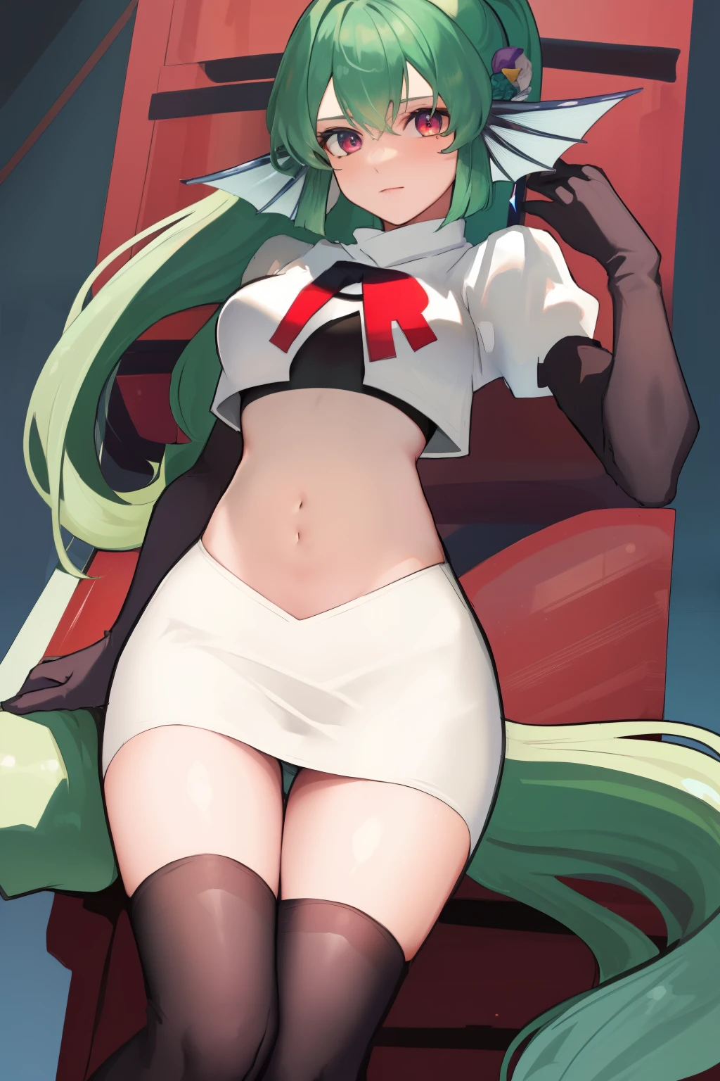 masterpiece, detailed, high quality, absurdres, finana, 1girl, solo, head fins, ponytail, green hair, navel, long hair, looking at viewer, cowboy shot, hair ornament, medium breasts, bangs, team rocket,team rocket uniform, red letter R, white skirt,white crop top,black thigh-highs, black elbow gloves,