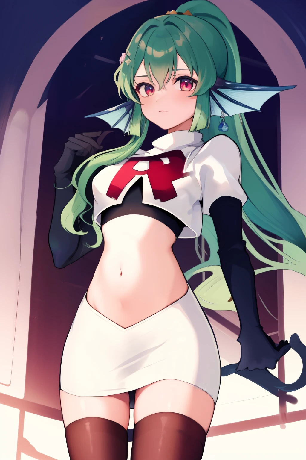 masterpiece, detailed, high quality, absurdres, finana, 1girl, solo, head fins, ponytail, green hair, navel, long hair, looking at viewer, cowboy shot, hair ornament, medium breasts, bangs, team rocket,team rocket uniform, red letter R, white skirt,white crop top,black thigh-highs, black elbow gloves,