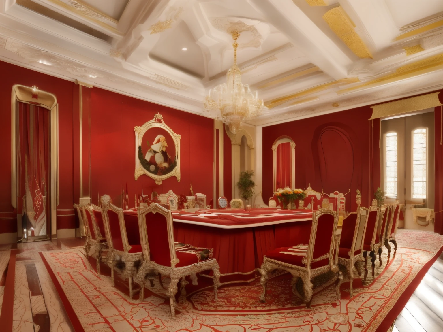 (red-themed, soviet, URSS, red decoration, interior with furniture, tables and chairs with yellow details) (best quality, ultra-detailed, realistic:1.37), vivid colors, portraits, studio lighting, warm color tone, soft lighting, communist restaurant, marble Lenin statues, magnificent tables and chairs, many wonderful details,