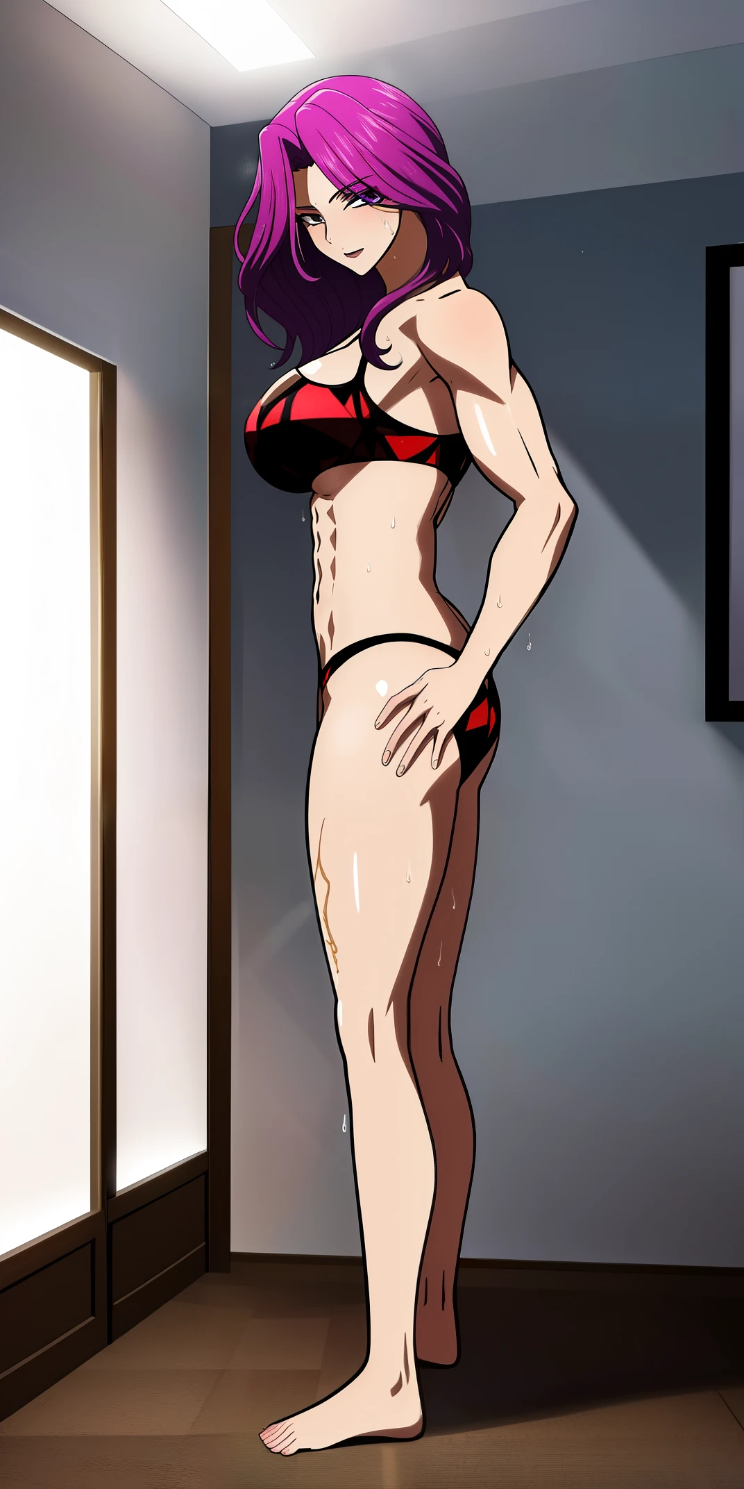 (((1 girl))), big breasts, a beautiful and cute lady, standing, (((in the motel room))), (muscular ass), (thin waist), {{{naked character}} } , (very horny), full body photo, cornelia_li_britannia, huge breasts, solo, standing, bikini,, masterpiece, best quality, detailed face, detailed eyes, highreasterpiece:1.2), best quality, highres, original, (extremely detailed:1.2), close-up, full-body, looking at viewer, backward, tanned skin, muscular, smile, blonde, accessories, bikini swimsuit, flowing sweat, top quality, slave crotch tattoos,