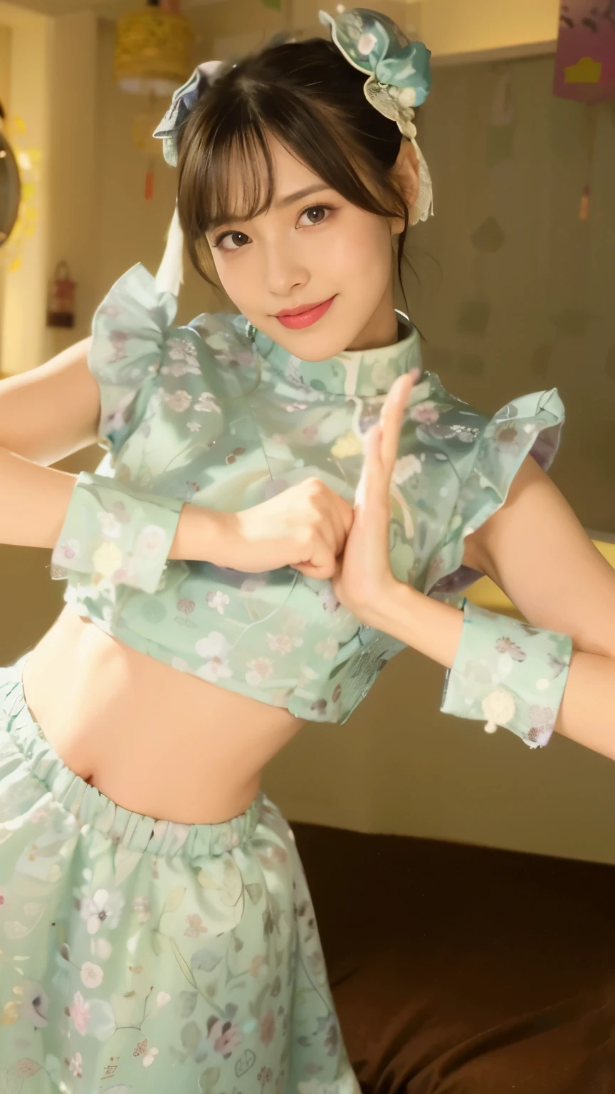 There is a woman wearing a green dress taking a photo., Belle Delphine, cute playful pose of dancer, Young and cute gravure idol, young gravure idol, realistic young gravure idol, Ayaka , Trending on cgstation, China dress, Young skinny gravure idol, young gravure idol, anime girl , kimono