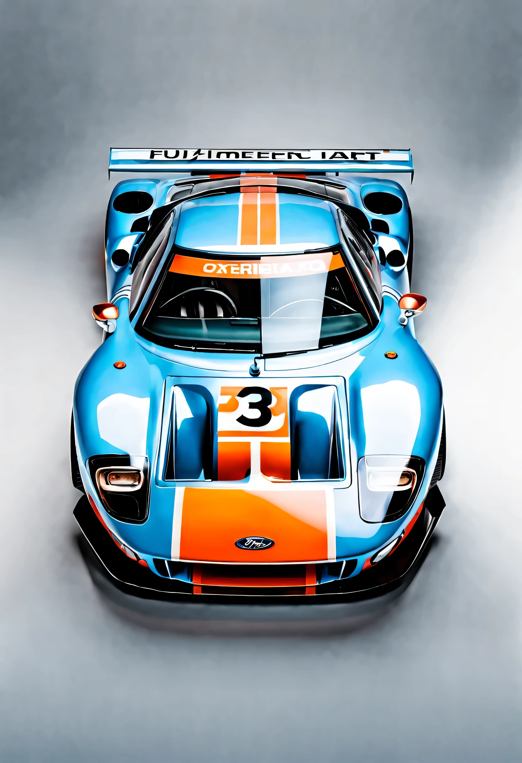 a (((Hiper-realista))), (((32k UHD masterpiece in the style of a cinematic masterpiece))). ((32k UHD alto detalhe, Cinematic art 16k HDR)), ((High resolution masterpiece)), artistic tattoo style. | Um Ford GT40 nas cores azul celeste e laranja, with the number 9 on the door, is capturado em movimento, standing out as a high-quality automobile photo. The artistic studio art-style adds a unique dimension to the image, destacando os contornos do carro rebaixado. the scene conveys a feeling of speed and dynamism, capturing the automotive spirit with clarity and refined detail. | The composition focuses on the details of the lowered car, com as cores vibrantes do azul celeste e do laranja destacando-se artisticamente. “High resolution” image quality ensures every aspect of the vehicle is sharp, while the tattoo style adds a unique layer of expression to the work. | Car scene with a Ford GT40 in sky blue and orange, number 9 on the door, capturado em movimento, highlighting the style of the tattoo and the clear quality of the image. ((Mais detalhes)). The addition of film grain, sharp details, e um ((estilo cru que lembra Fujifilm XT3 35mm f4)) contribui para o ((studio art)) sentir, creating a visually stunning representation of a (carro de corrida em chamas).