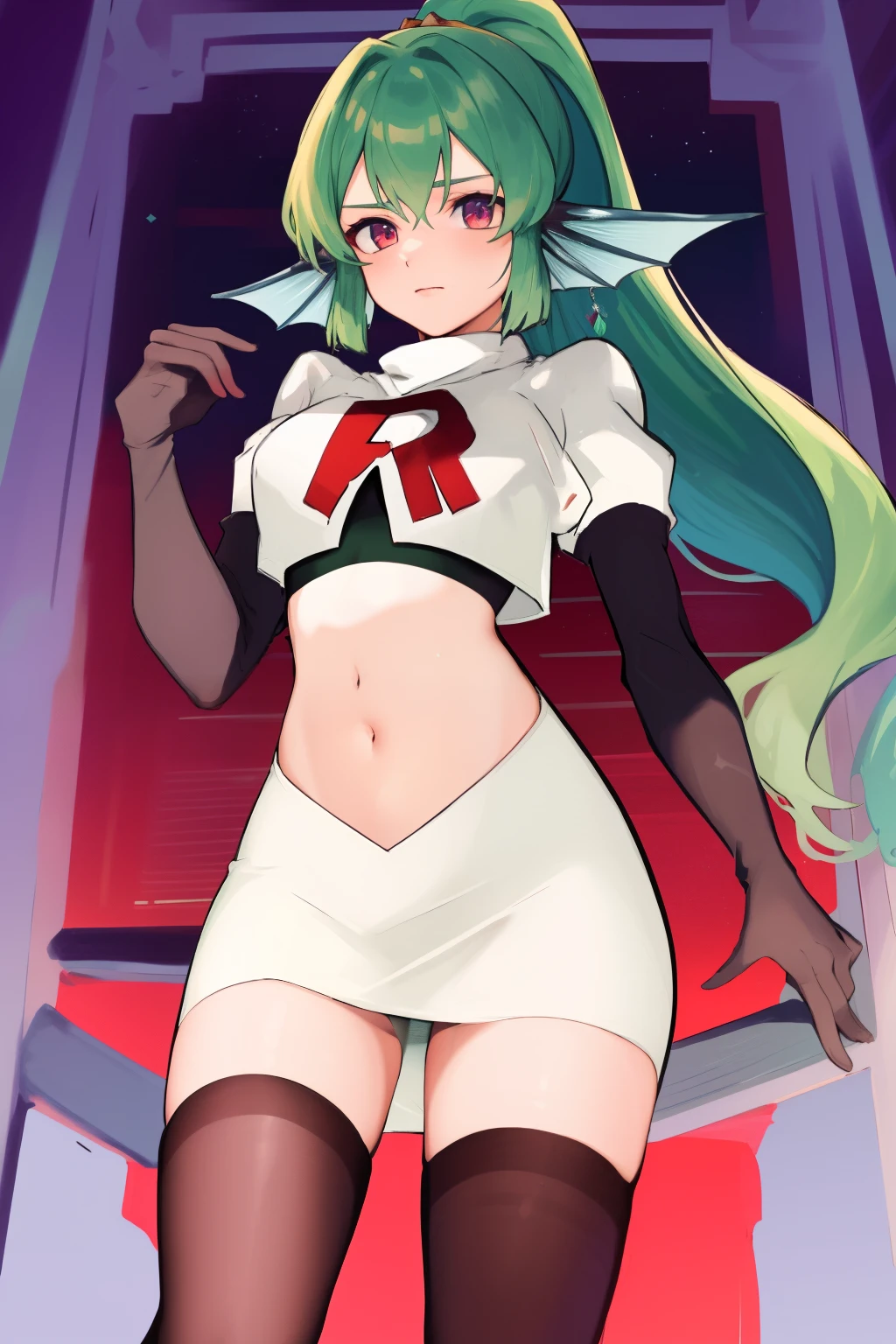 masterpiece, detailed, high quality, absurdres, finana, 1girl, solo, head fins, ponytail, green hair, navel, long hair, looking at viewer, cowboy shot, hair ornament, medium breasts, bangs, team rocket,team rocket uniform, red letter R, white skirt,white crop top,black thigh-highs, black elbow gloves,