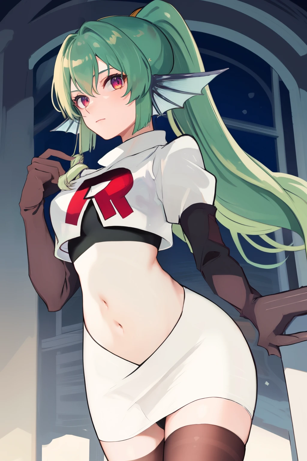masterpiece, detailed, high quality, absurdres, finana, 1girl, solo, head fins, ponytail, green hair, navel, long hair, looking at viewer, cowboy shot, hair ornament, medium breasts, bangs, team rocket,team rocket uniform, red letter R, white skirt,white crop top,black thigh-highs, black elbow gloves,