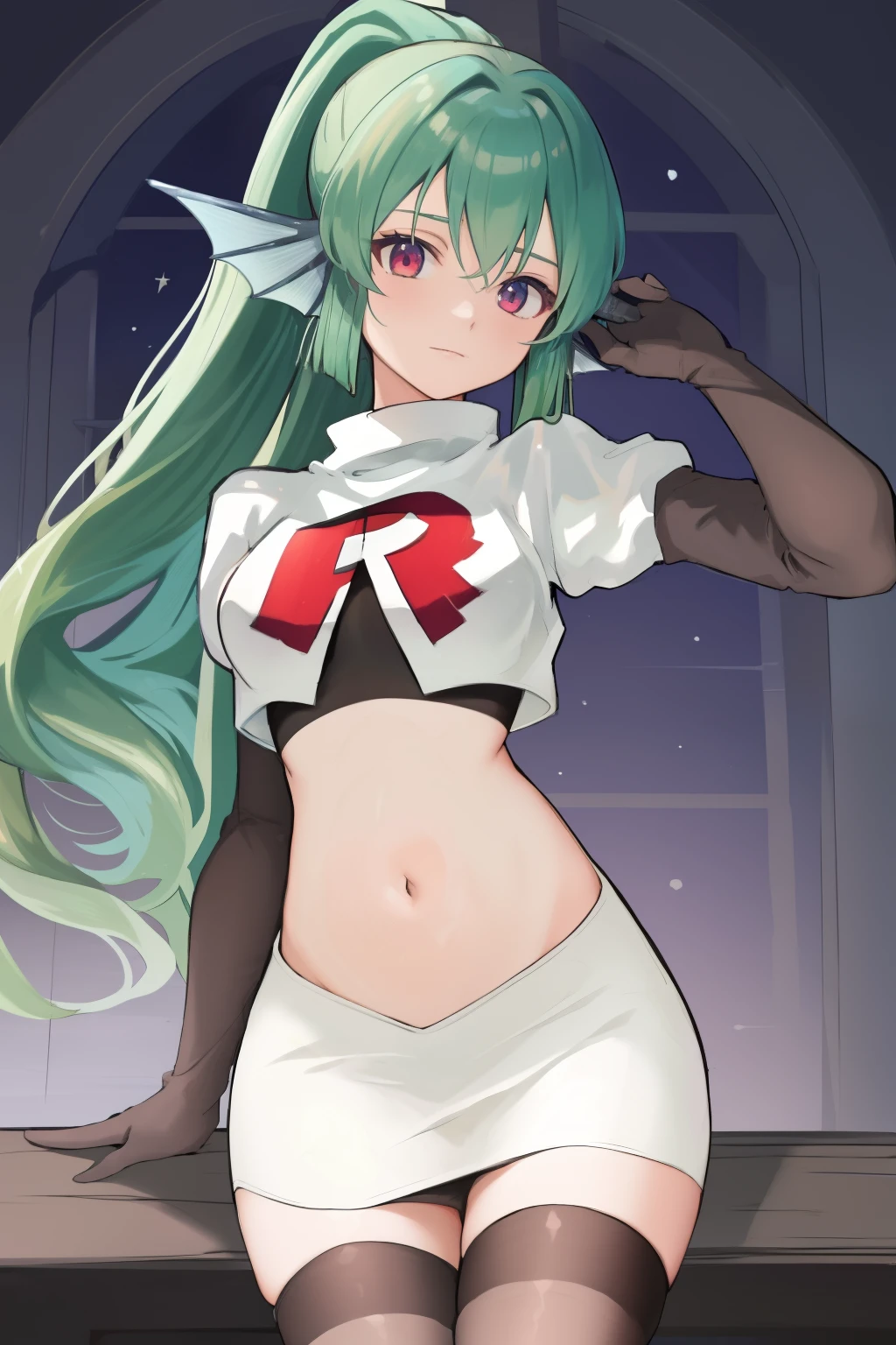 masterpiece, detailed, high quality, absurdres, finana, 1girl, solo, head fins, ponytail, green hair, navel, long hair, looking at viewer, cowboy shot, hair ornament, medium breasts, bangs, team rocket,team rocket uniform, red letter R, white skirt,white crop top,black thigh-highs, black elbow gloves,