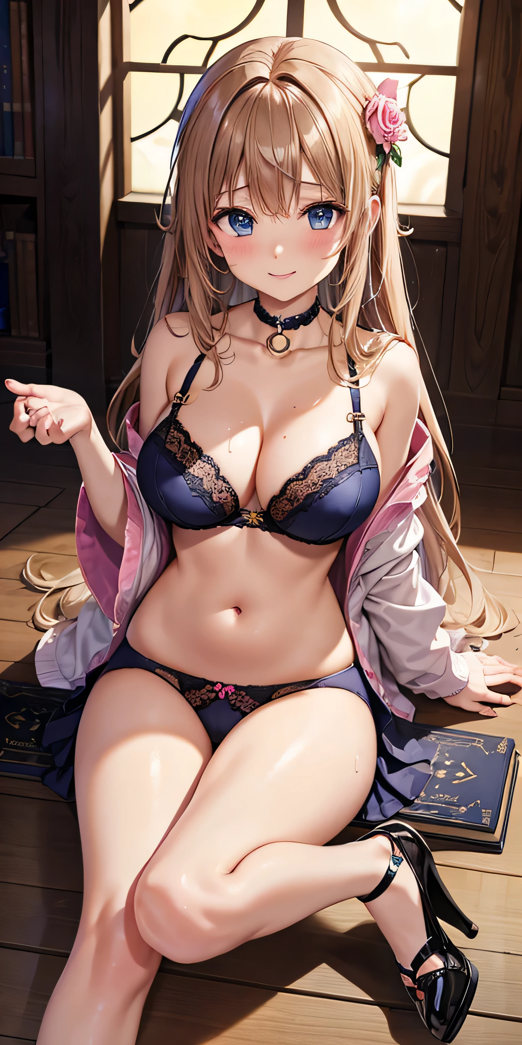 table top, highest quality, Highly detailed CG Unity 8K wallpaper, sexy witch , long dark blonde wavy hair、off shoulder knit, dark blue pleated skirt, medium sized breasts, saggy breasts, , blush, shy smile、shy smile、 (Pink floral panties、、Pink floral bra、show panties、(open your legs wide、wet chest and crotch、Massage your chest with both hands)、)high heels、nice magic book、Castle Church、、Sit on the floor、、