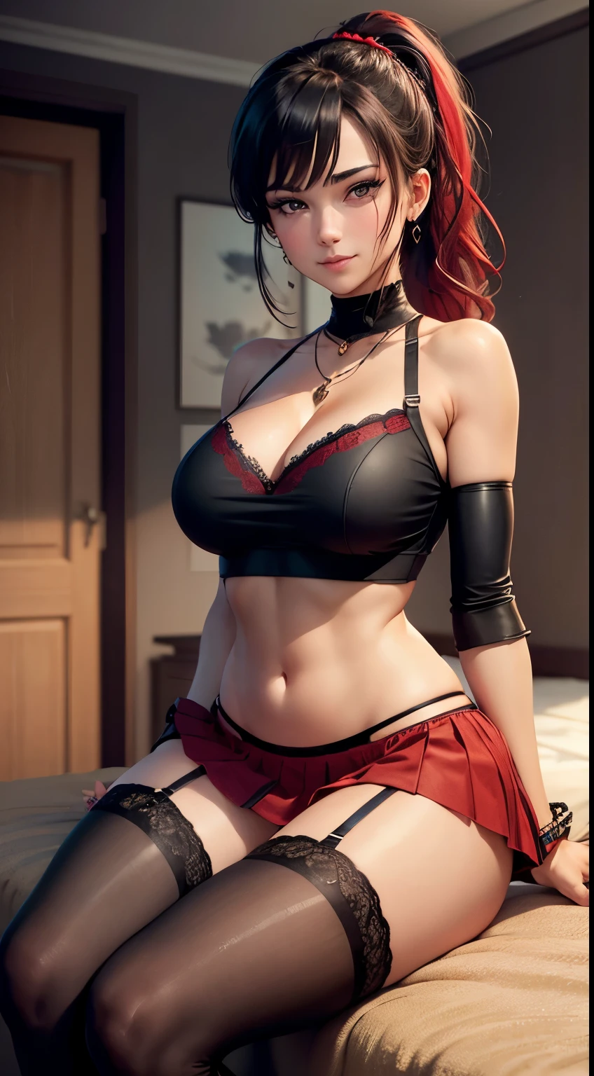 defKale, black eyes, ponytail, crop top, bracer,red skirt,tight skirt,tight black thighhighs, bracelet,jewelry,bare shoulders, panties, looking at viewer, blue eyes, , closed mouth, lingerie, stomach, navel, (red lace bra), (red lace panties), underwear only, hair ornament, solo, thighs, cleavage, large breastig tits:1.2),indoors, bra, blush, 1girl, smile, embarrassed,underwear, sitting,