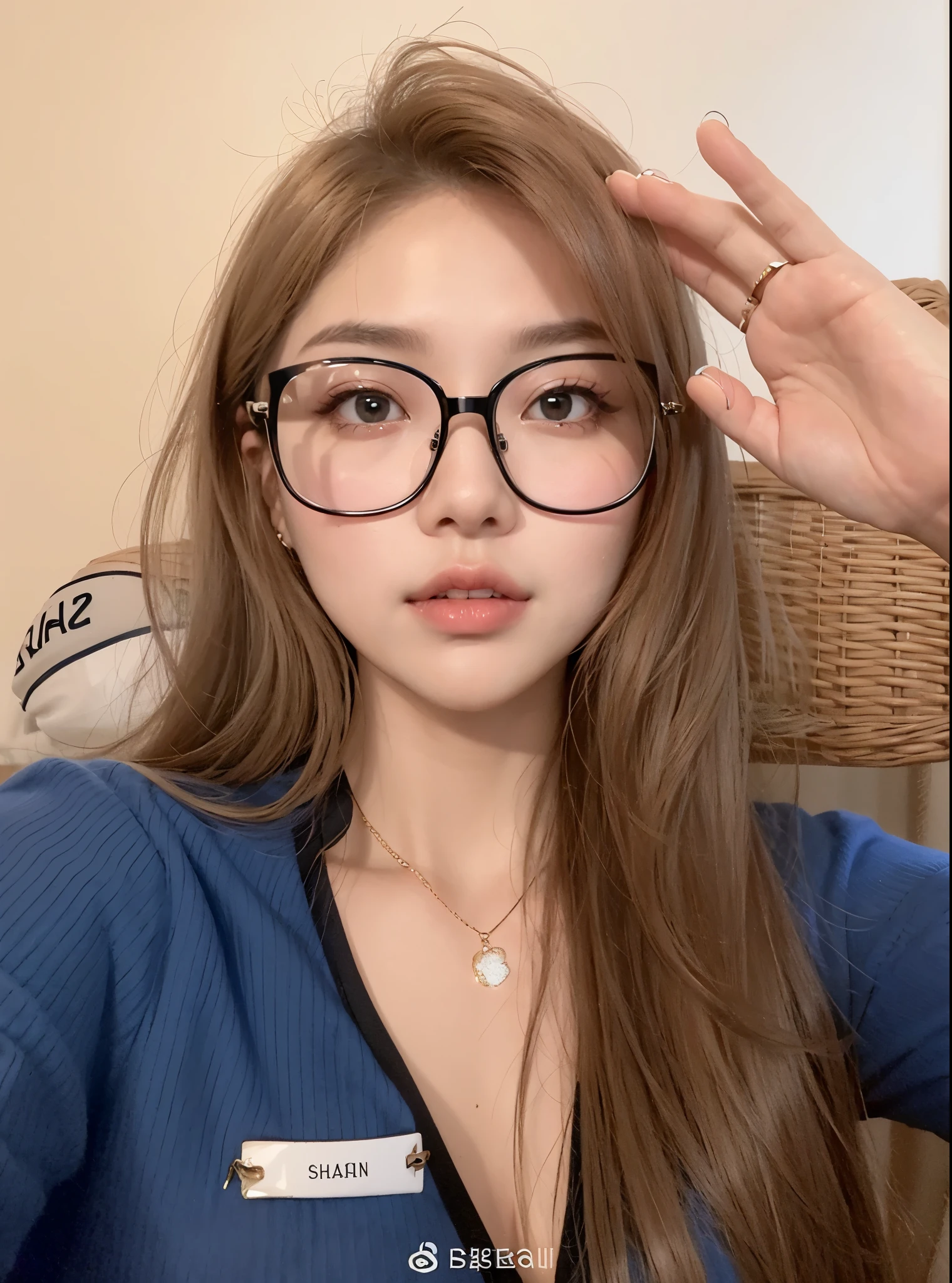 a close up of a woman wearing glasses and a blue shirt, with glasses, wearing thin large round glasses, wearing square glasses, with square glasses, gorgeous young korean woman, korean girl, spectacled, glasses, ulzzang, thick glasses, wearing black frame glasses, beautiful south korean woman, with black eyeglasses, sakimichan, big glasses