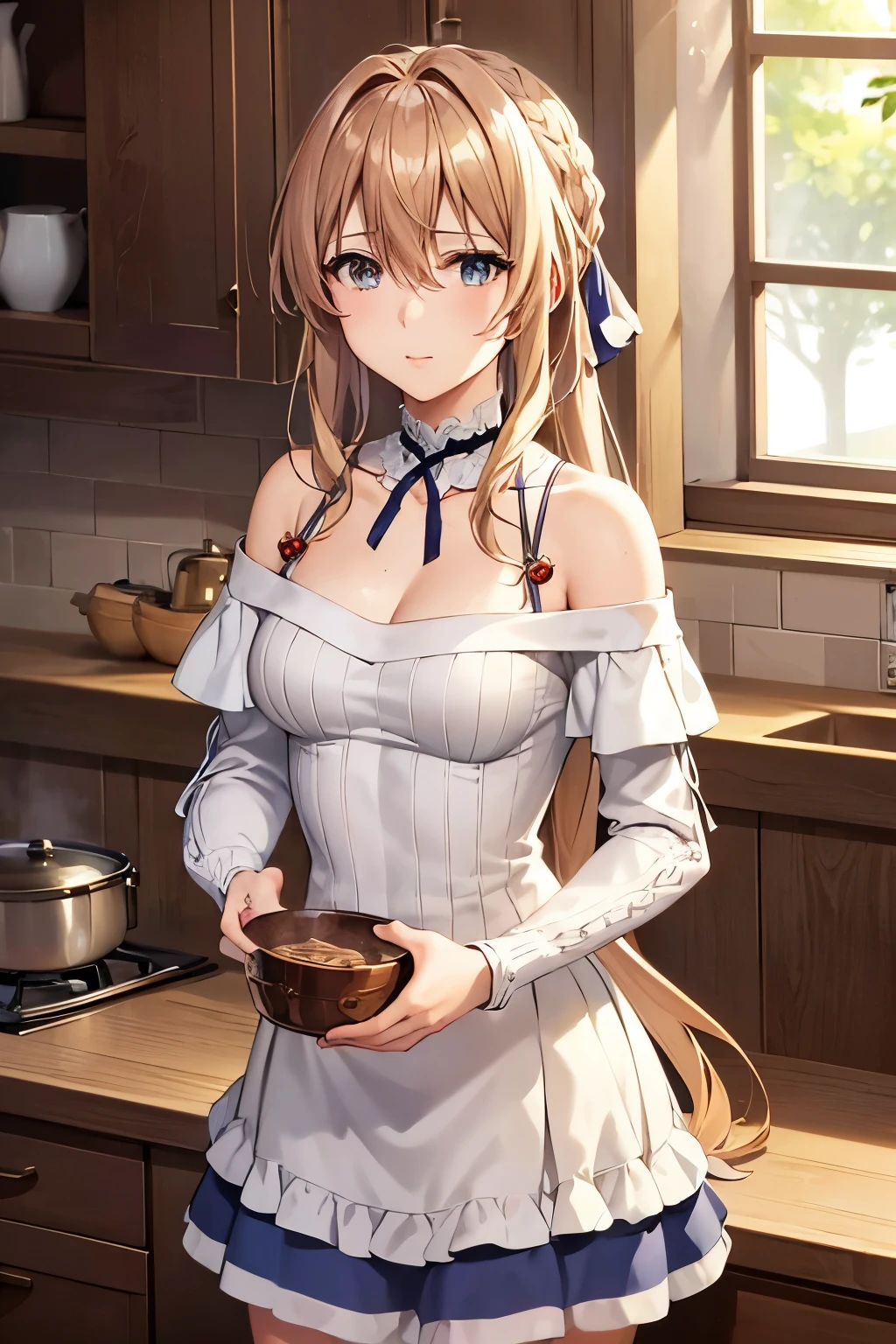 masterpiece, highest quality, ultra high resolution, highest quality, anime style, best writing, beautiful face, violet evergarden,table top, highest quality, 1 girl, alone, blonde hair, blue eyes, hair between eyes, looking at the viewer, ribbon, 赤いribbon, Braid, ヘアribbon, (Off-shoulder knitted dresses:1.3), (white long skirt:1.3), jewelry, bangs, outdoor, brooch, hair intake, Anime coloring book, closed mouth, portrait, Day Grastry Detailed CG, ( perfect anatomy), Life、Detailed CG, ( perfect anatomy), Life感, Black leather gloves, kitchen background, Cooking