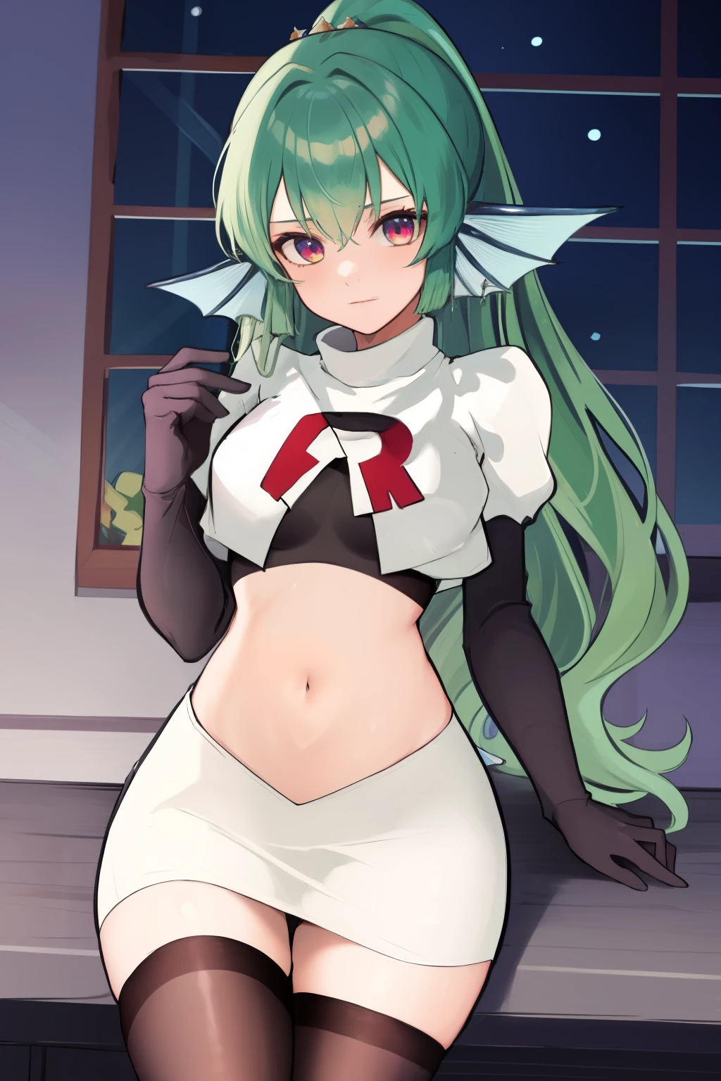 masterpiece, detailed, high quality, absurdres, finana, 1girl, solo, head fins, ponytail, green hair, navel, long hair, looking at viewer, cowboy shot, hair ornament, medium breasts, bangs, team rocket,team rocket uniform, red letter R, white skirt,white crop top,black thigh-highs, black elbow gloves,