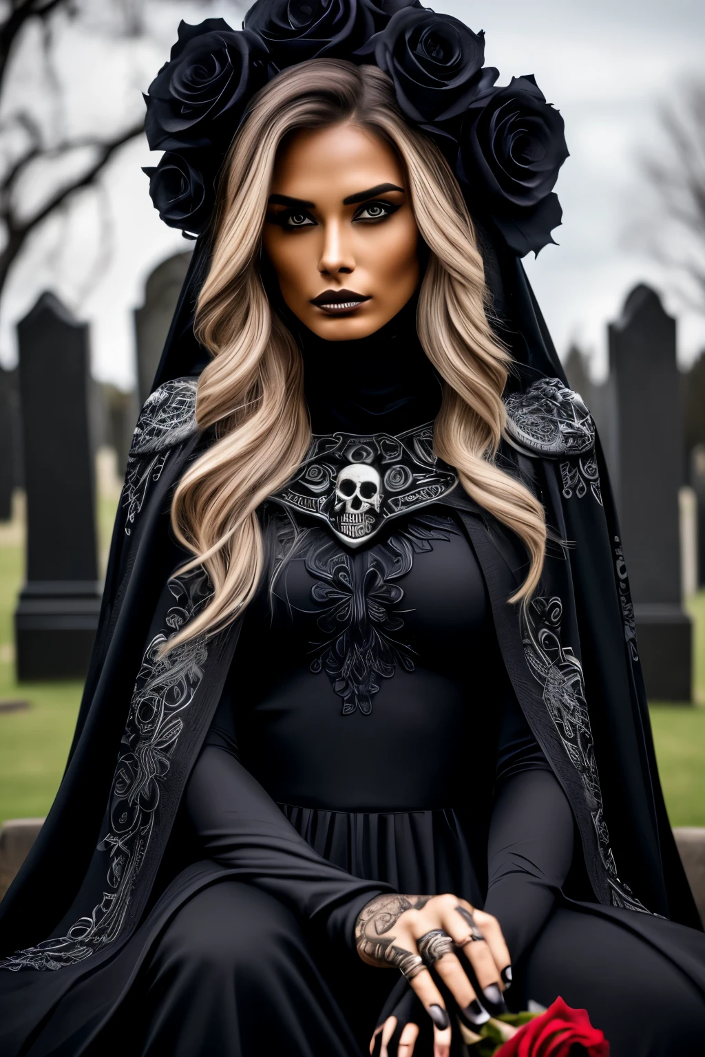 (best quality, ultra-detailed), women half face skull and half face human, black cape, sitting in the cemetery, holds a rose in her hand with a darker wnviroment, behind emerging skulls