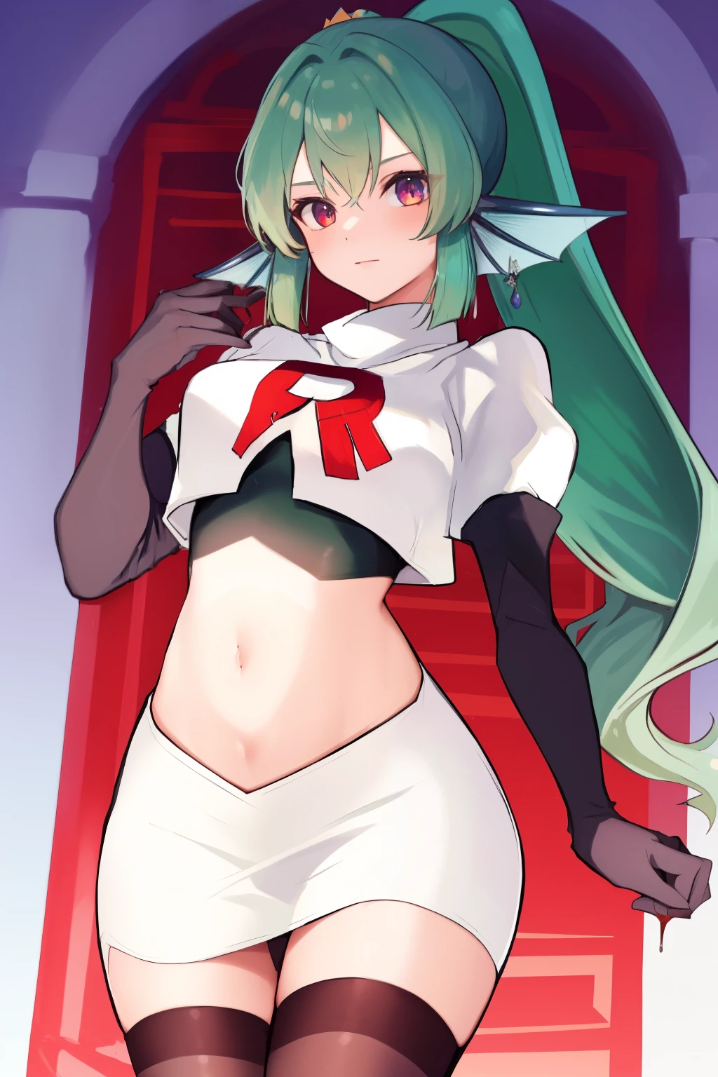 masterpiece, detailed, high quality, absurdres, finana, 1girl, solo, head fins, ponytail, green hair, navel, long hair, looking at viewer, cowboy shot, hair ornament, medium breasts, bangs, team rocket,team rocket uniform, red letter R, white skirt,white crop top,black thigh-highs, black elbow gloves,