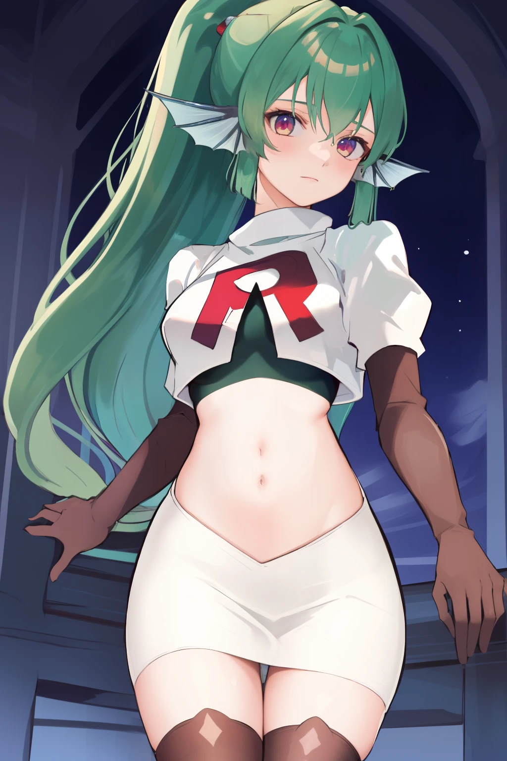 masterpiece, detailed, high quality, absurdres, finana, 1girl, solo, head fins, ponytail, green hair, navel, long hair, looking at viewer, cowboy shot, hair ornament, medium breasts, bangs, team rocket,team rocket uniform, red letter R, white skirt,white crop top,black thigh-highs, black elbow gloves,