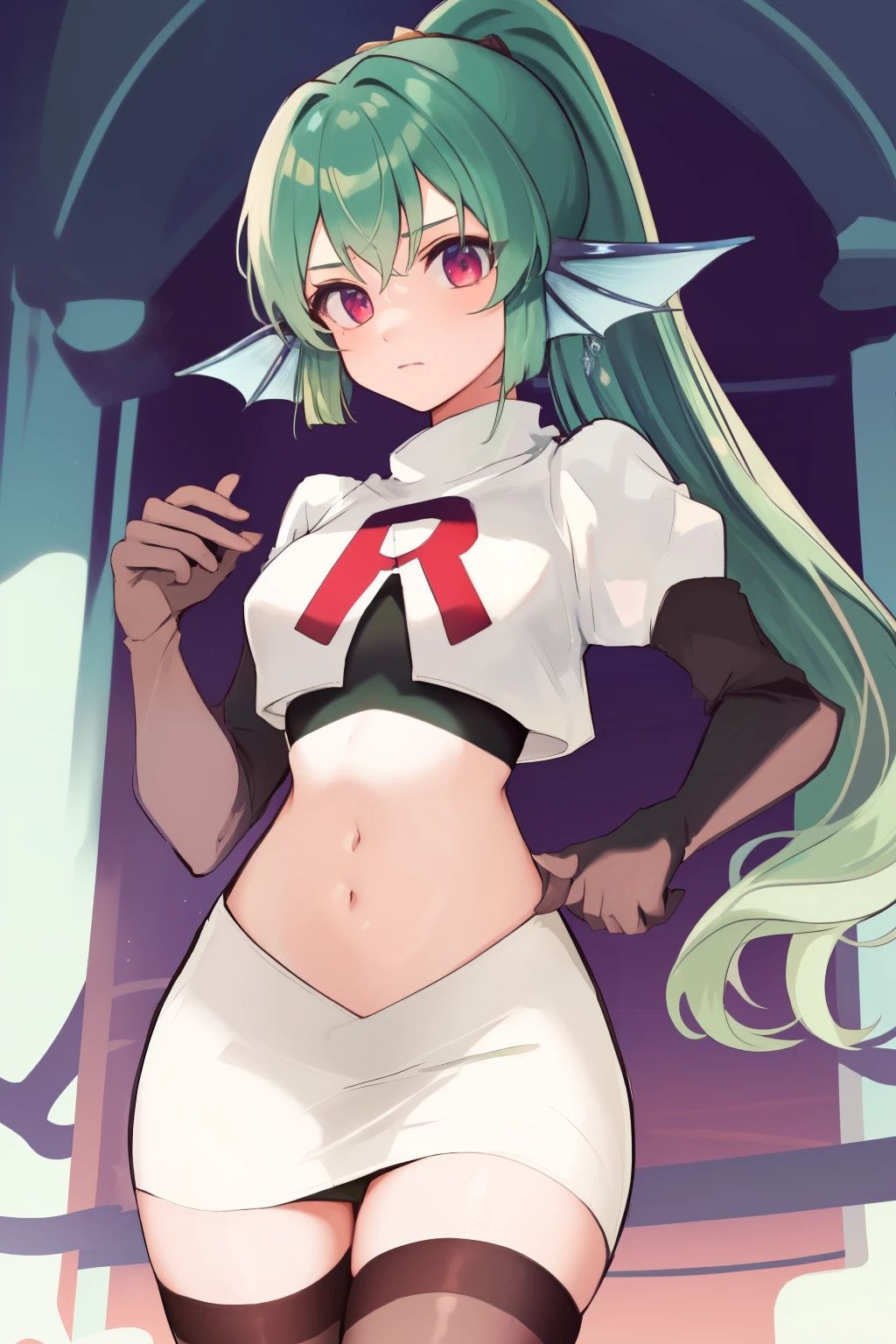 masterpiece, detailed, high quality, absurdres, finana, 1girl, solo, head fins, ponytail, green hair, navel, long hair, looking at viewer, cowboy shot, hair ornament, medium breasts, bangs, team rocket,team rocket uniform, red letter R, white skirt,white crop top,black thigh-highs, black elbow gloves,