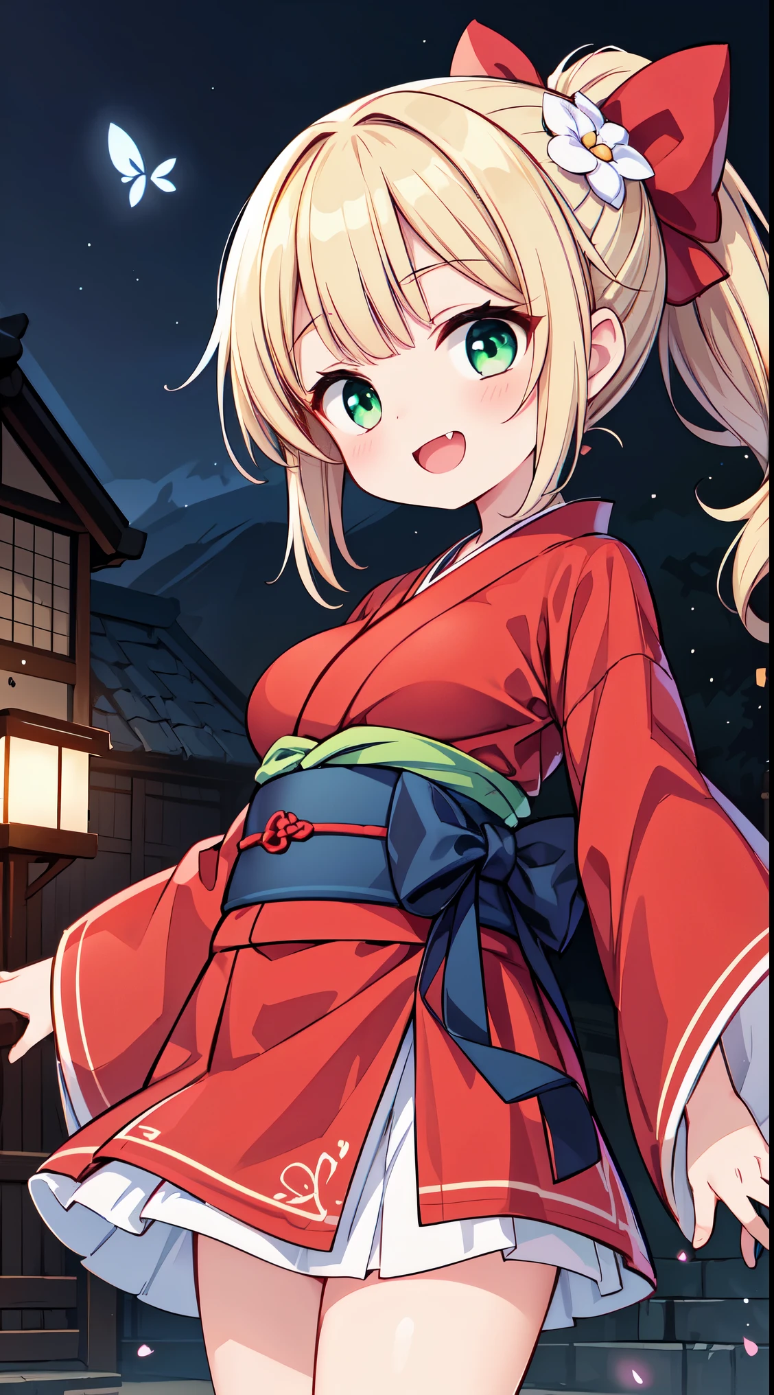 (masterpiece, top quality, best quality, official art, beautiful and aesthetic:1.2),ultra-detailed,intricate details,amazing illustration,award-winning art,atmospheric,
BREAK, 1 beautiful girl, girl, (cute:1.5),(chibi:0.5),(cute:2.0),(loli:2.0),(12 year old girl),(big breasts:1.65),(chin hair,blond hair,blue bow,green eyes,eyebrows showing through hair,side locks,split bangs long hair, hair flowers, hair ornament, big bows in hair, curly hair, ponytail:1.6),:el, white feathers, one slender white winged, Ang el wings, spread wings, shining wings),pit \black},sparkling skin, clear skin, glowing beautiful skin, open mouth, bashful smile, solo, fangs, upper teeth,(long eyelashes, double eyelids:1.2),solo, sparkling skin, clear skin, glowing beautiful skin,(top quality face),(top quality shining eyes),(fun, happy fluttering:1.45),
BREAK , furisode, obi, sash, (kimono), (Japanese-style hair-ornament), tabi, zouri, long hems, standing, (spread arms:1.2),symmetrical, feet focus, head tilt, smile, BREAK, background, the sun is beginning to rise behind a mountain, outdoors, BREAK,wakame,wakame,wakame,(Cowboy Shot:1.4),
BREAK,(Blurry background:1.3),(absurderes, hight resolution, Super Detail Art),cel shading,Clear Color, Lonely optical effect, Beautiful pictures, Bright glow, mystic atmosphere,(Close-up of girl:1.1), Mystical light particle effect,manga influence, clean line drawings,