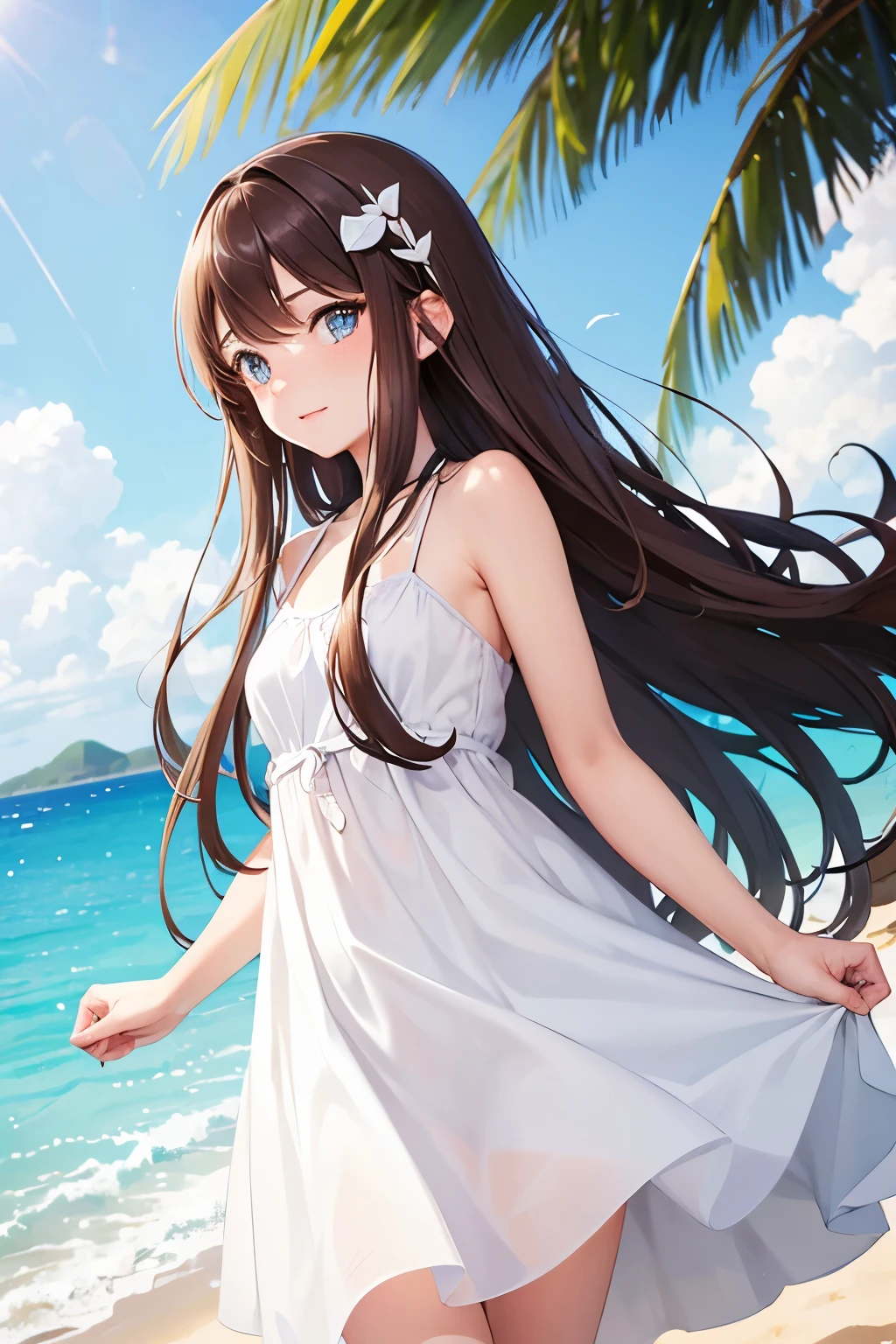 1 girl, long hair, brown hair, blue eyes, freckles, white dress, background beach.