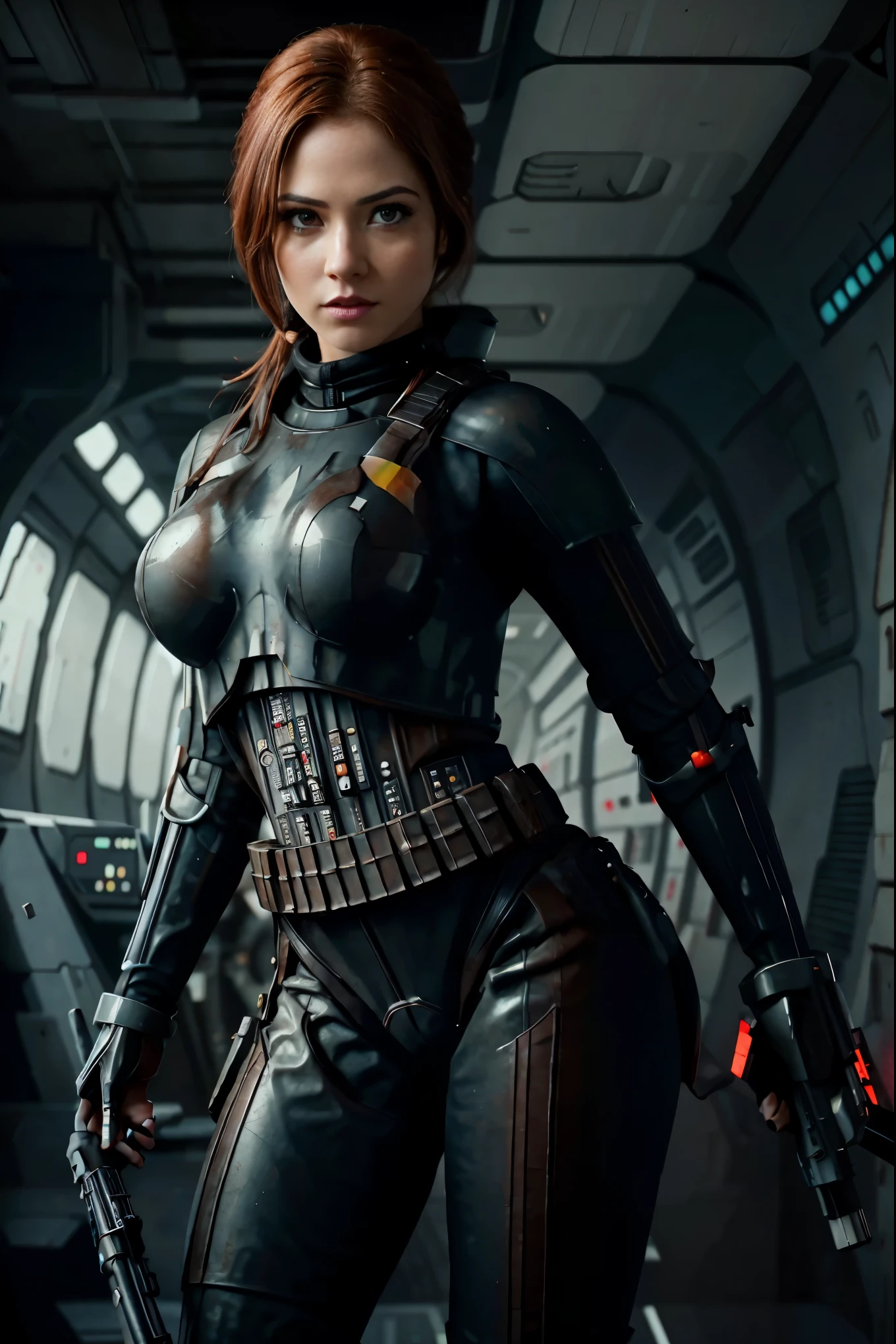 there a beautiful redhead woman in a sexy stormtrooper black armor from star wars, cabello largo, thick, busty , imagen cuerpo completo, piernas largas, cintura pequeña, face with freckles, cabello rojo largo, ojos azules, labios muy gruesos, pose sexy, trasero redondo, futuristic starship crew member, solo female character, hyper realistic sci fi realistic, cinematic highly detailed, sci fi female character, 8 k high detail and intricate, sci-fi female, highly detailed vfx portrait of, sci-fi highly detailed