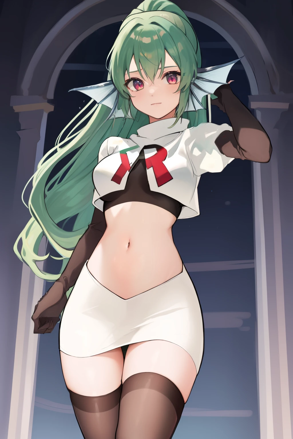 masterpiece, detailed, high quality, absurdres, finana, 1girl, solo, head fins, ponytail, green hair, navel, long hair, looking at viewer, cowboy shot, hair ornament, medium breasts, bangs, team rocket,team rocket uniform, red letter R, white skirt,white crop top,black thigh-highs, black elbow gloves,