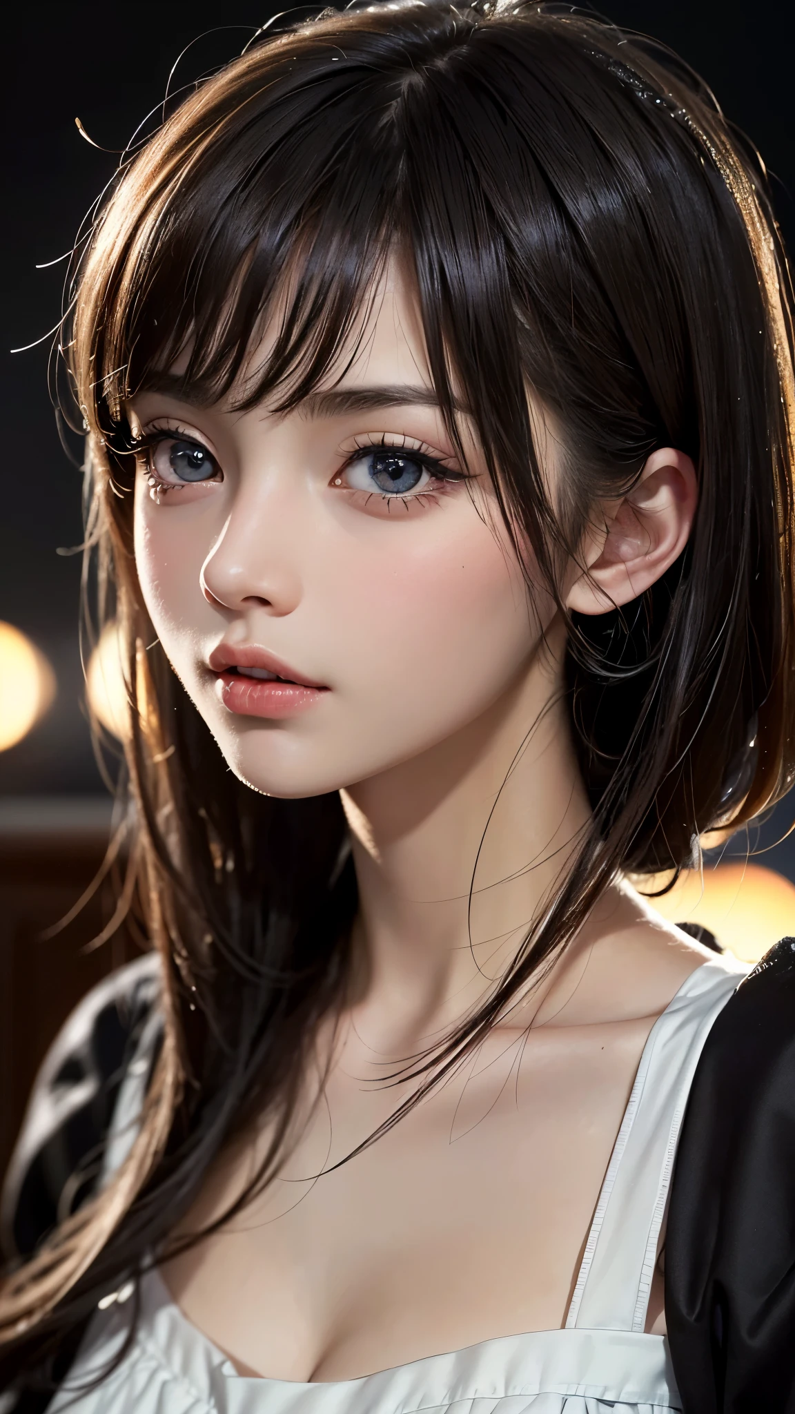 (UHD, retina, masterpiece, accurate, anatomically_correct, textured_skin, super_detail, high_details, high_quality, best_quality, high_res, 1080P, HD, 4K, 8k, 16k), (beautiful_detailed_eyes, beautiful_detailed_lips, extremely_detailed_eyes_and_face), soft_lighting, physically-based_rendering, vivid_colors, (shiny_hair, shiny_skin, tanned_skin), eye_reflection, (bangs:1.5), (splash_curl:1.2), (bokeh, bedroom), semi-profile_view, (chibi_maid:1.2),